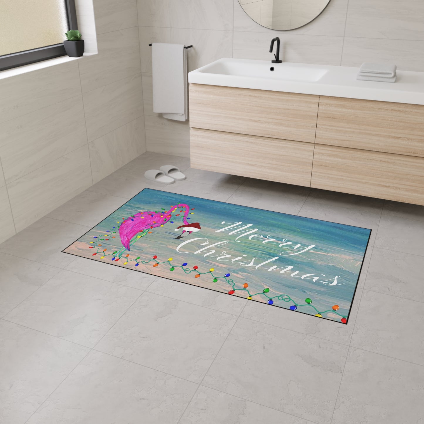 Merry Christmas Flamingo Floor Mat – Heavy Duty Holiday Design