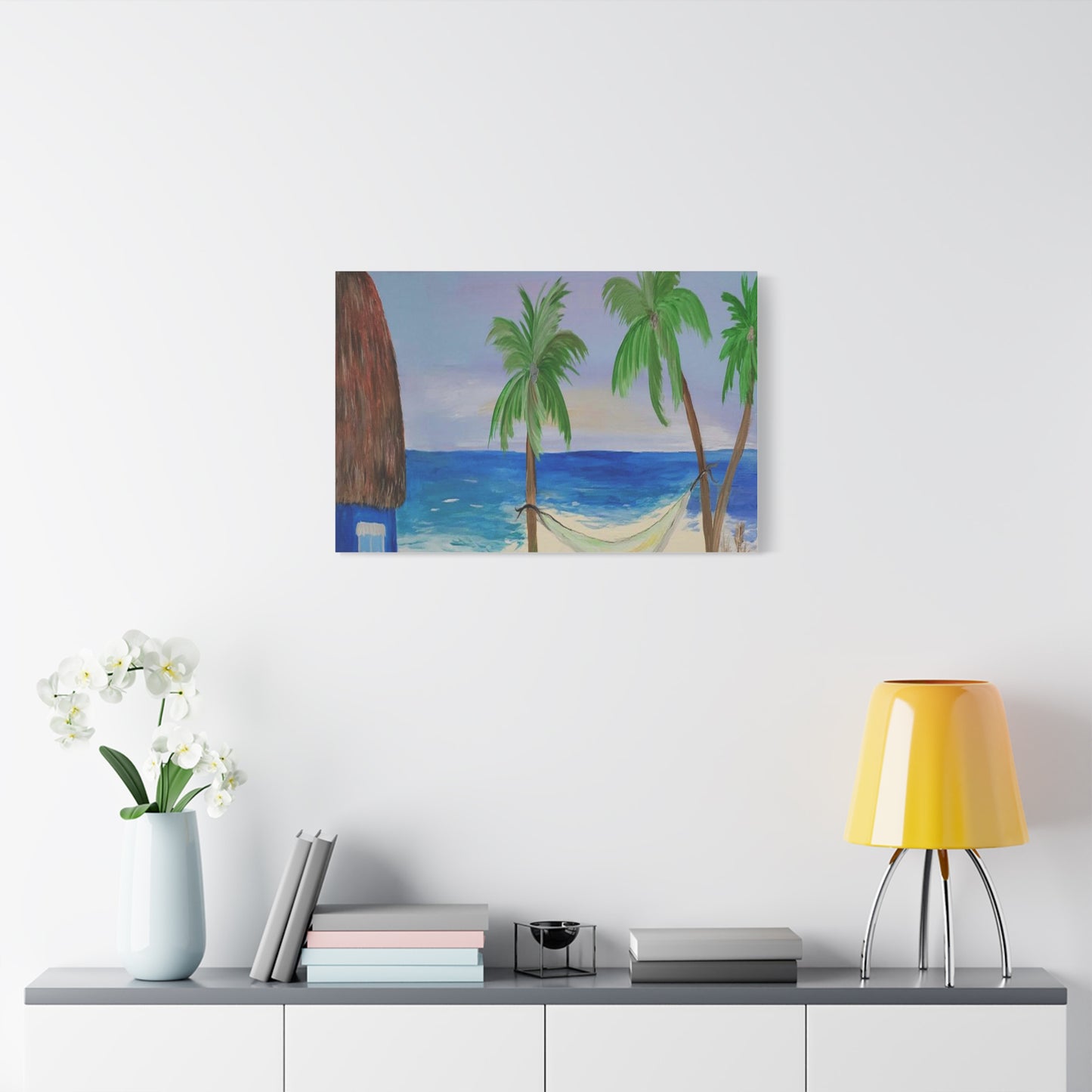 Tropical Beach Canvas Wall art of tiki hut and hammock on the beach.