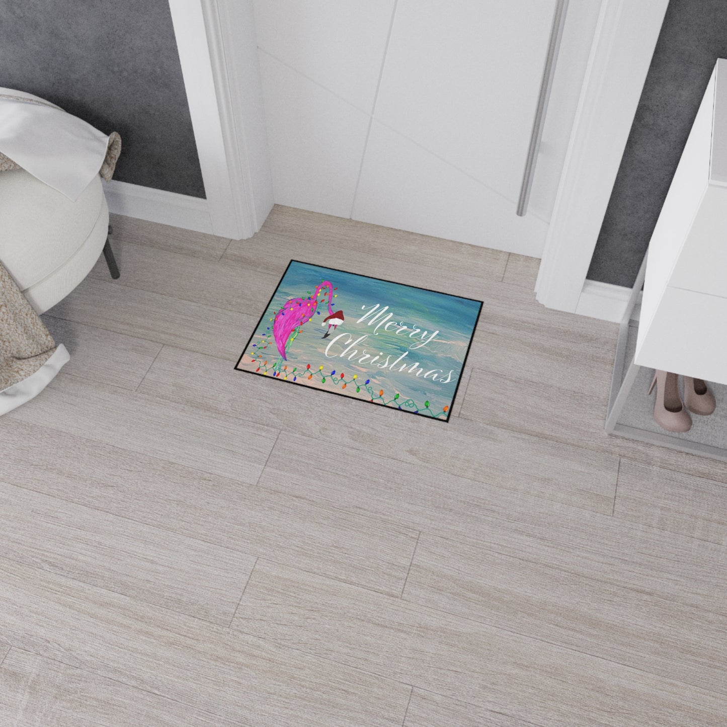 Merry Christmas Flamingo Floor Mat – Heavy Duty Holiday Design