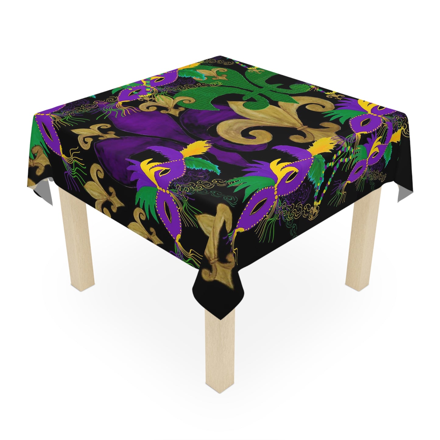Mardi Gras Tablecloth - Festive Black Design with Masquerade Masks and Fleur-de-lis