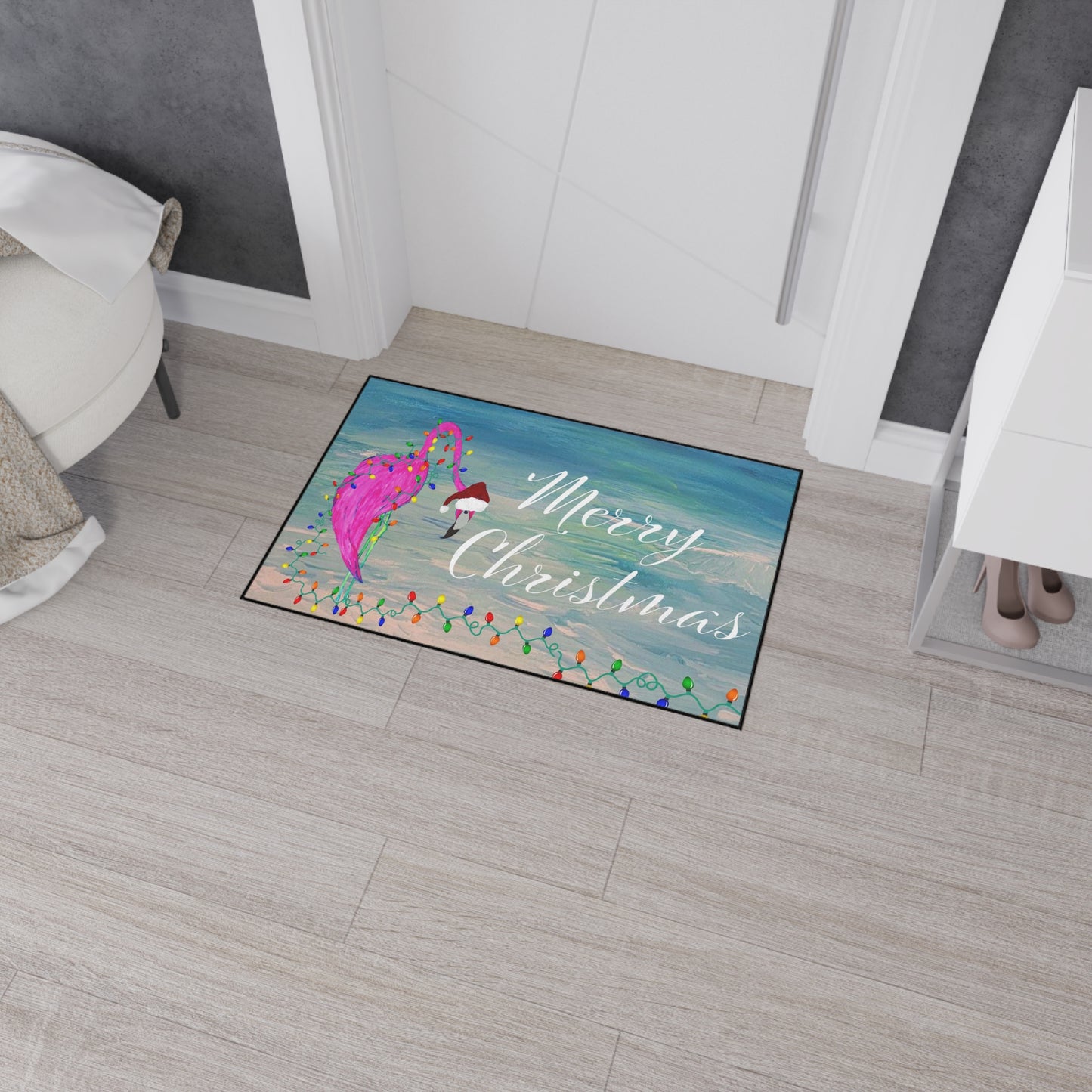 Merry Christmas Flamingo Floor Mat – Heavy Duty Holiday Design