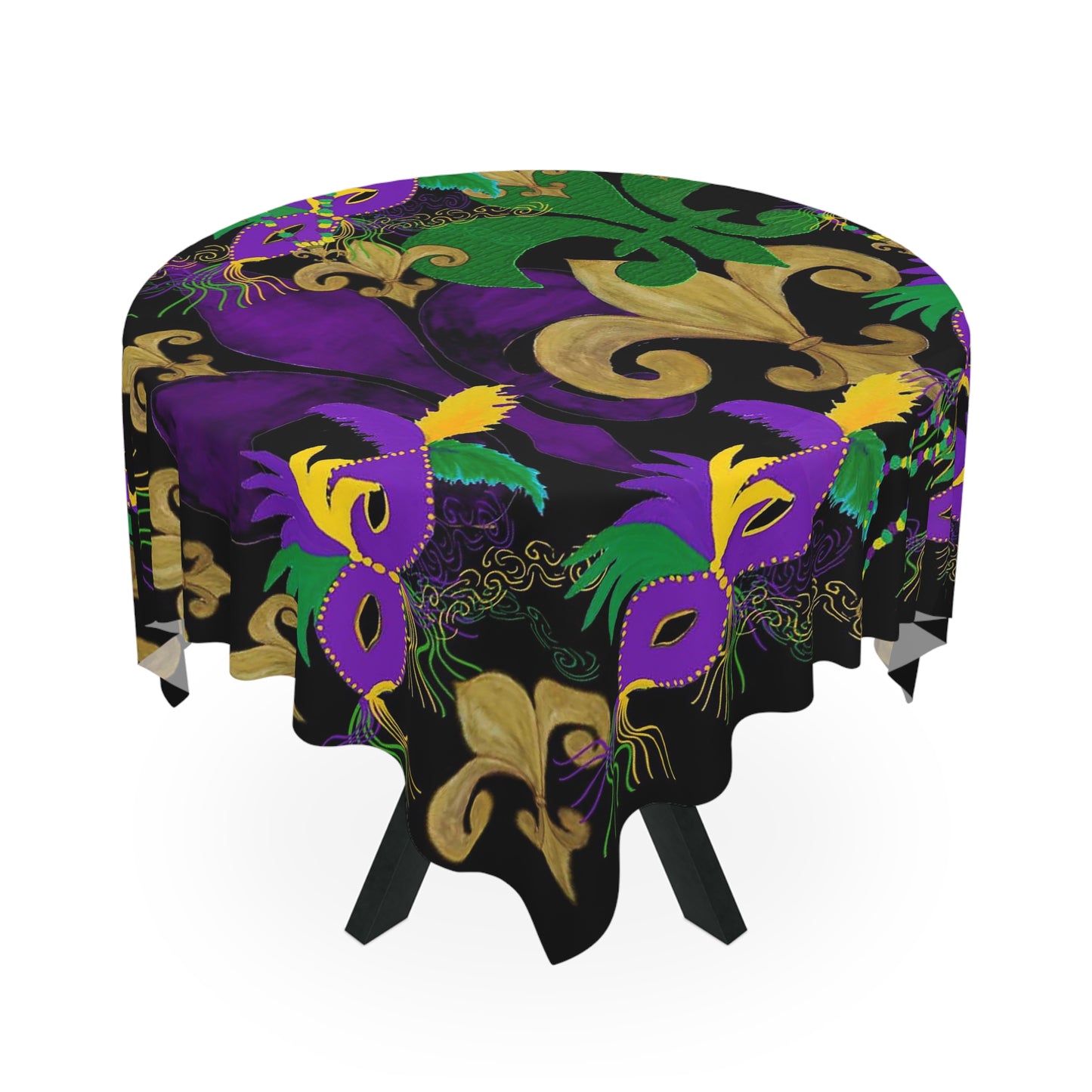 Mardi Gras Tablecloth - Festive Black Design with Masquerade Masks and Fleur-de-lis