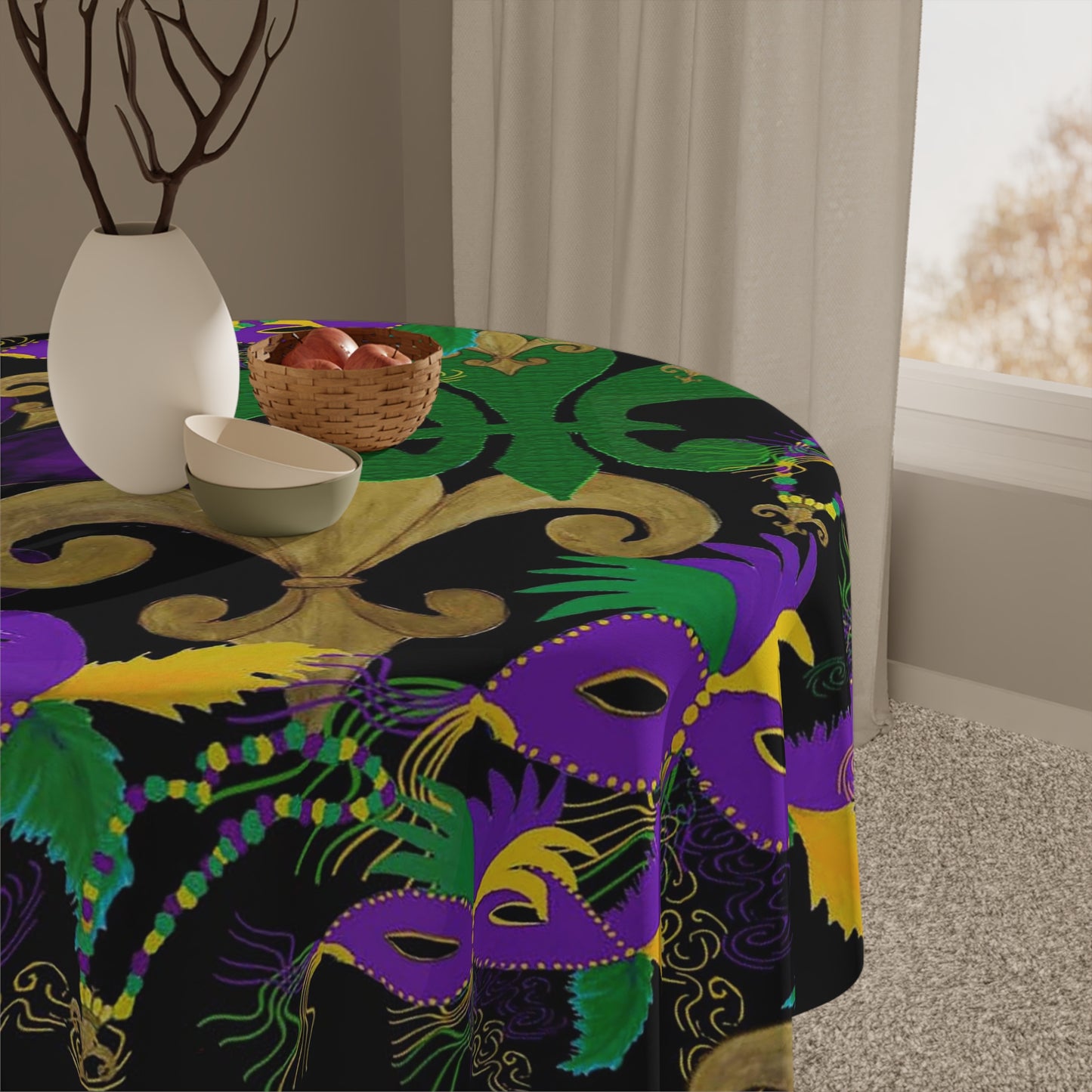 Mardi Gras Tablecloth - Festive Black Design with Masquerade Masks and Fleur-de-lis
