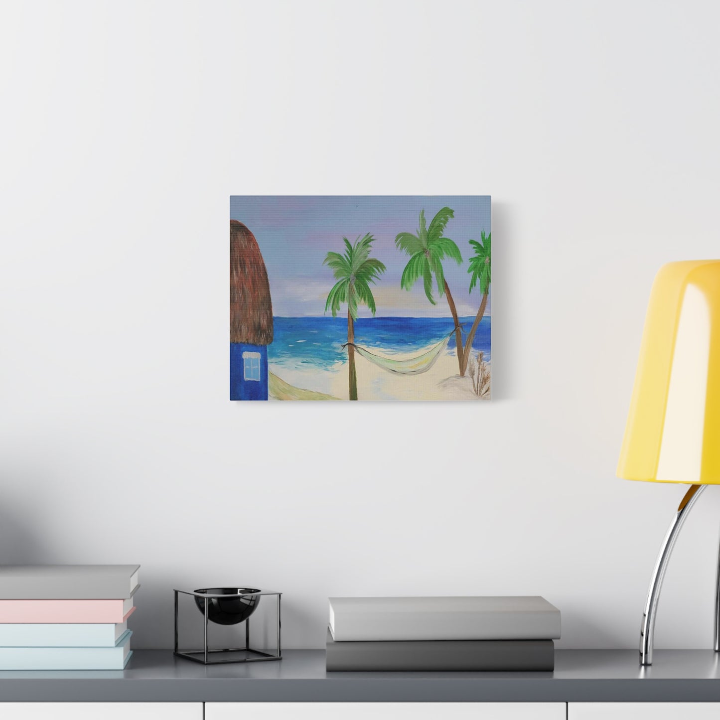 Tropical Beach Canvas Wall art of tiki hut and hammock on the beach.
