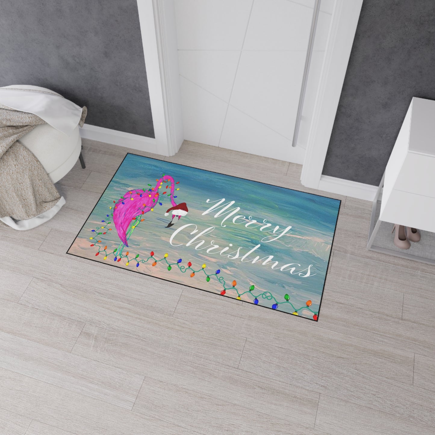 Merry Christmas Flamingo Floor Mat – Heavy Duty Holiday Design