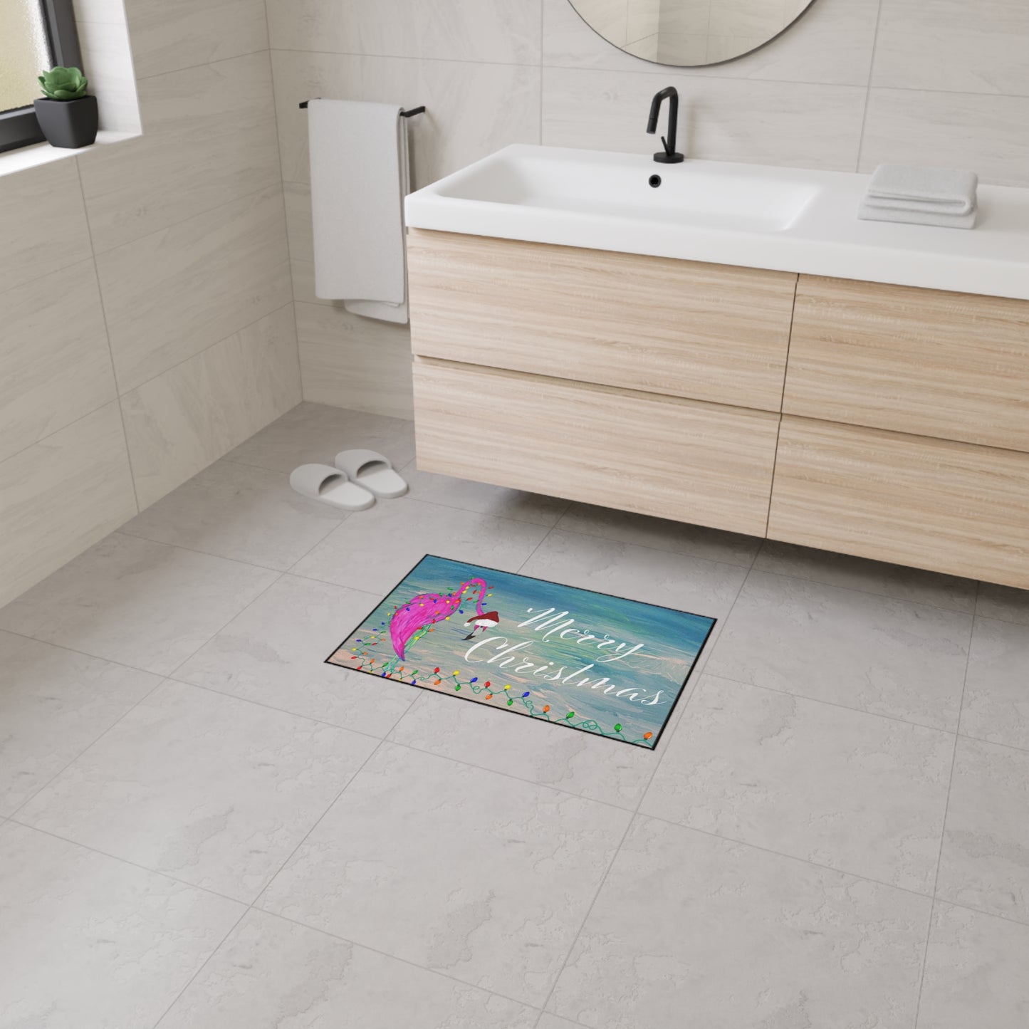 Merry Christmas Flamingo Floor Mat – Heavy Duty Holiday Design