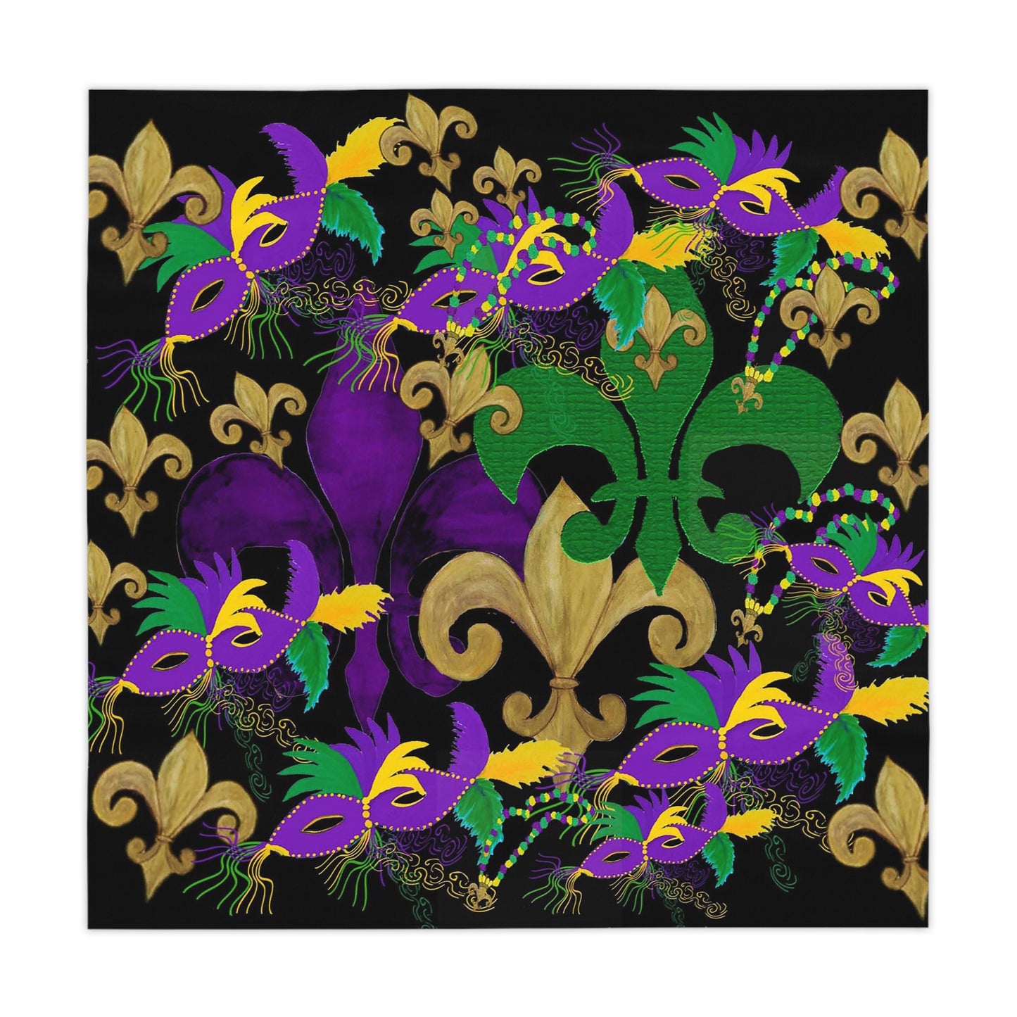 Mardi Gras Tablecloth - Festive Black Design with Masquerade Masks and Fleur-de-lis