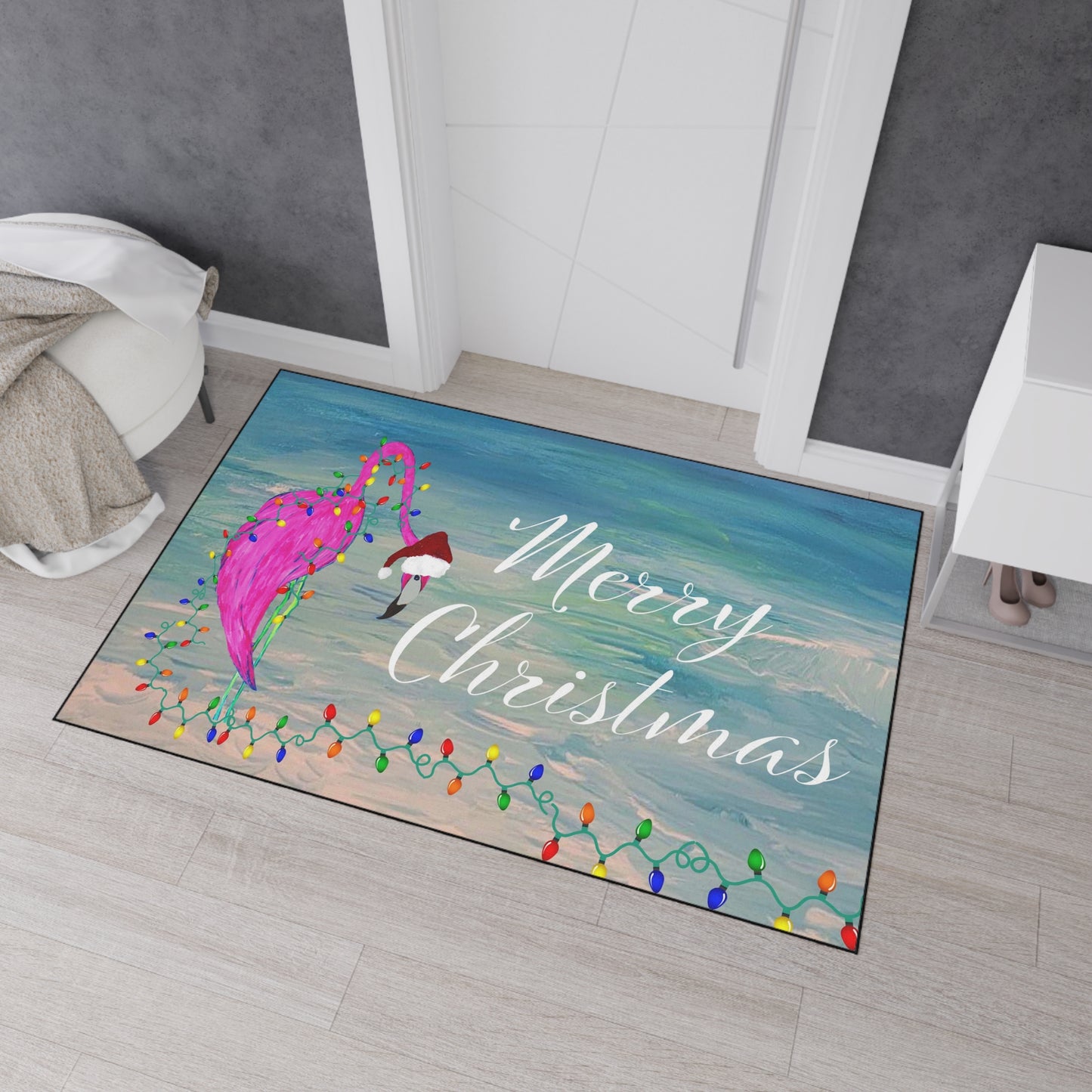 Merry Christmas Flamingo Floor Mat – Heavy Duty Holiday Design