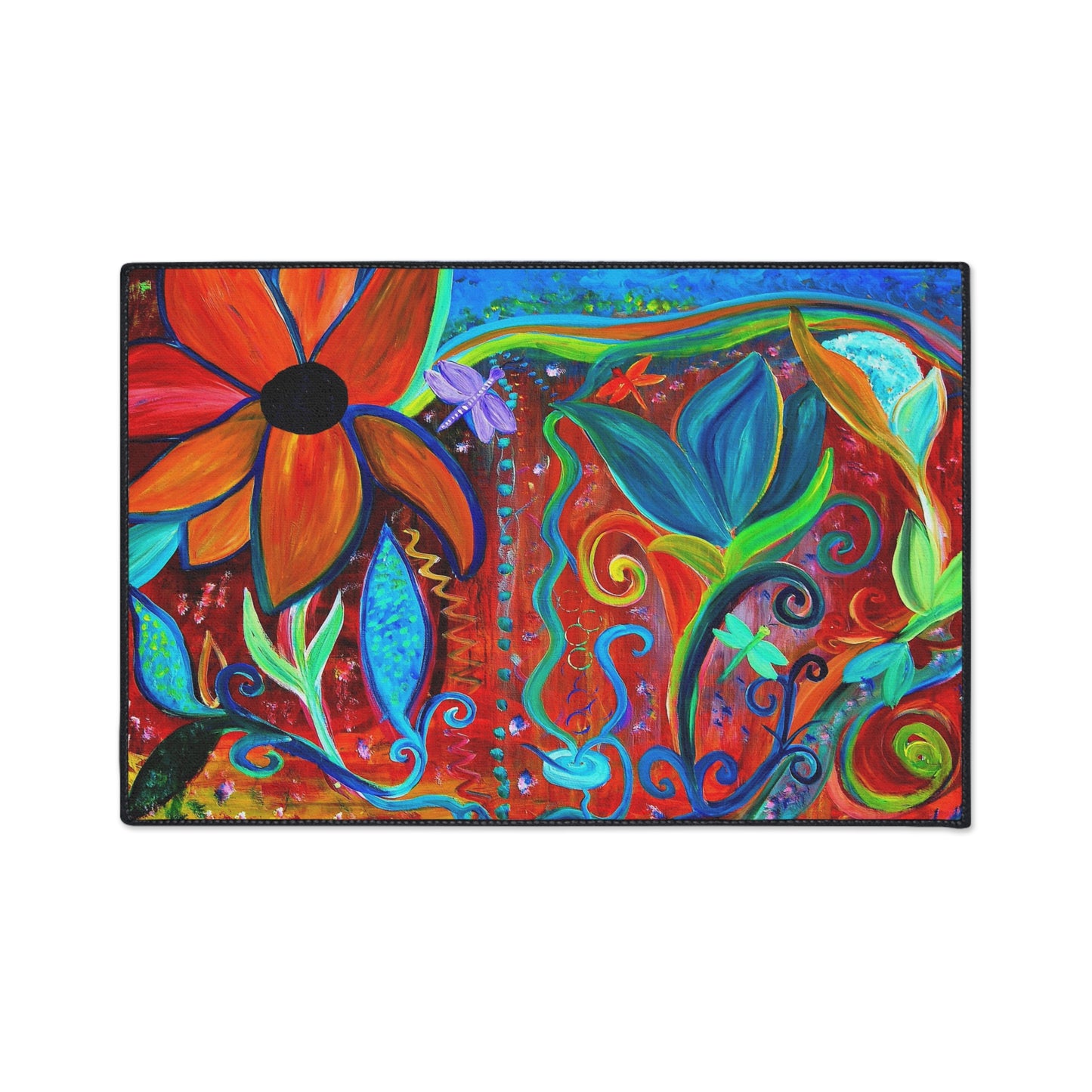 Door Mat - Abstract Floral Intuitive Art Theme - Orange Blue - Non-Skid Backing