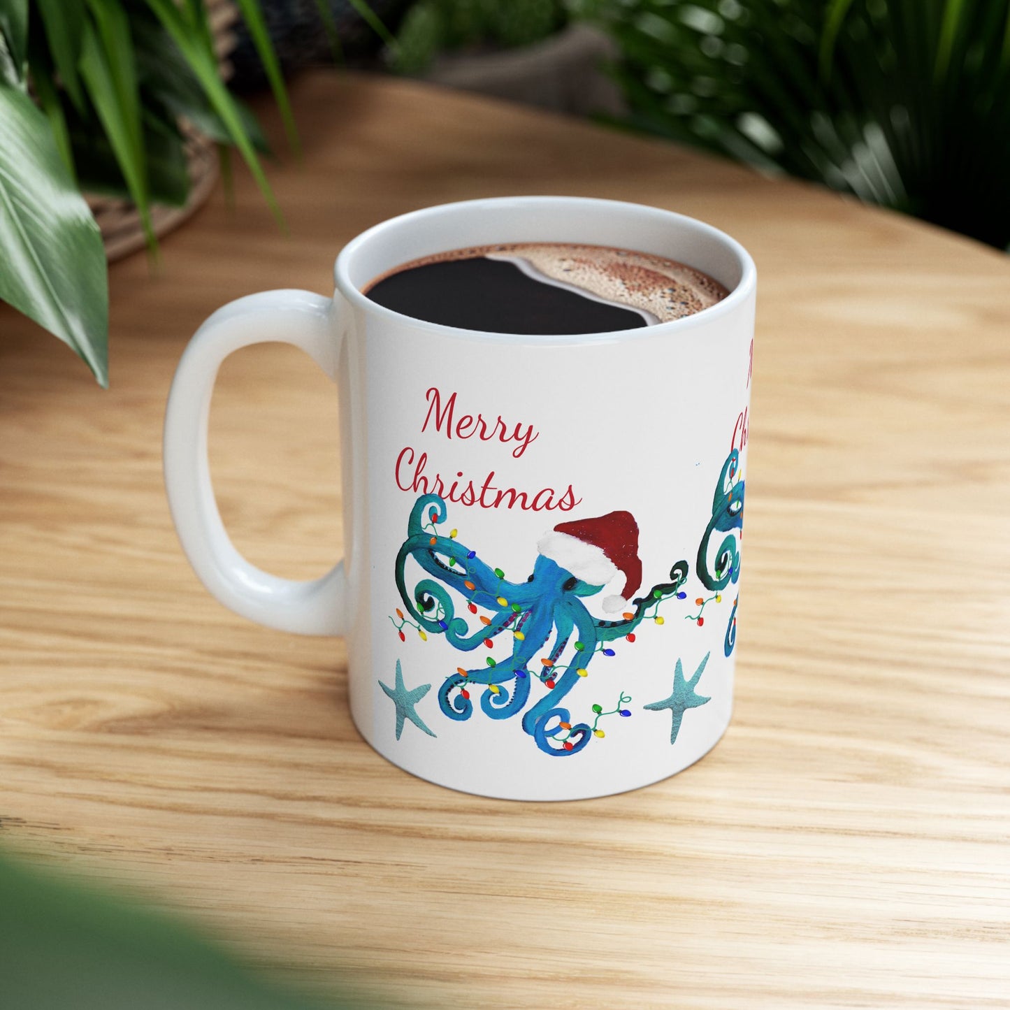 Christmas blue octopus Ceramic Mug (11oz, 15oz) - Coastal Holiday Coffee Cup - Great Christmas Gift