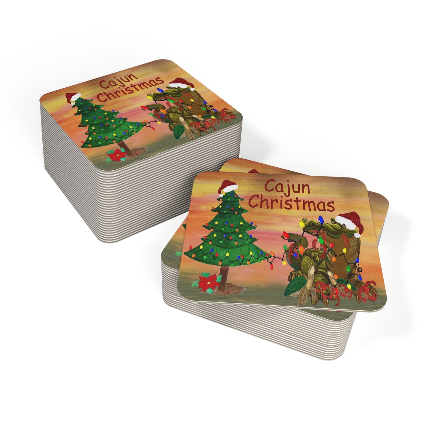 Cajun Christmas Coasters Set bayou Party Bar Hardboard (50 or 100 pcs) Size 4 x 4 inches.