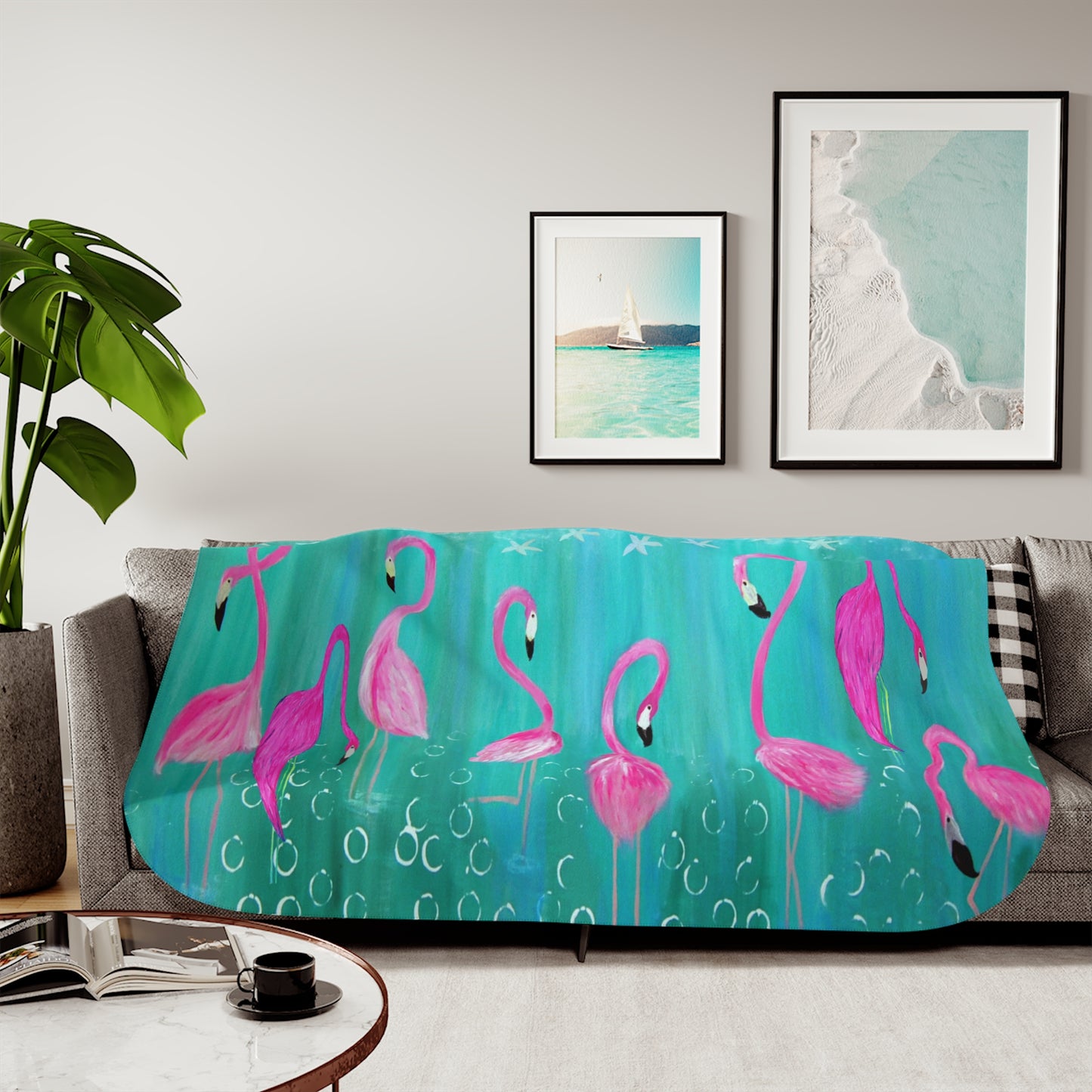 Flamingos wildbird tropicalSherpa Blanket, Coastal pink flamingos on aqua Design