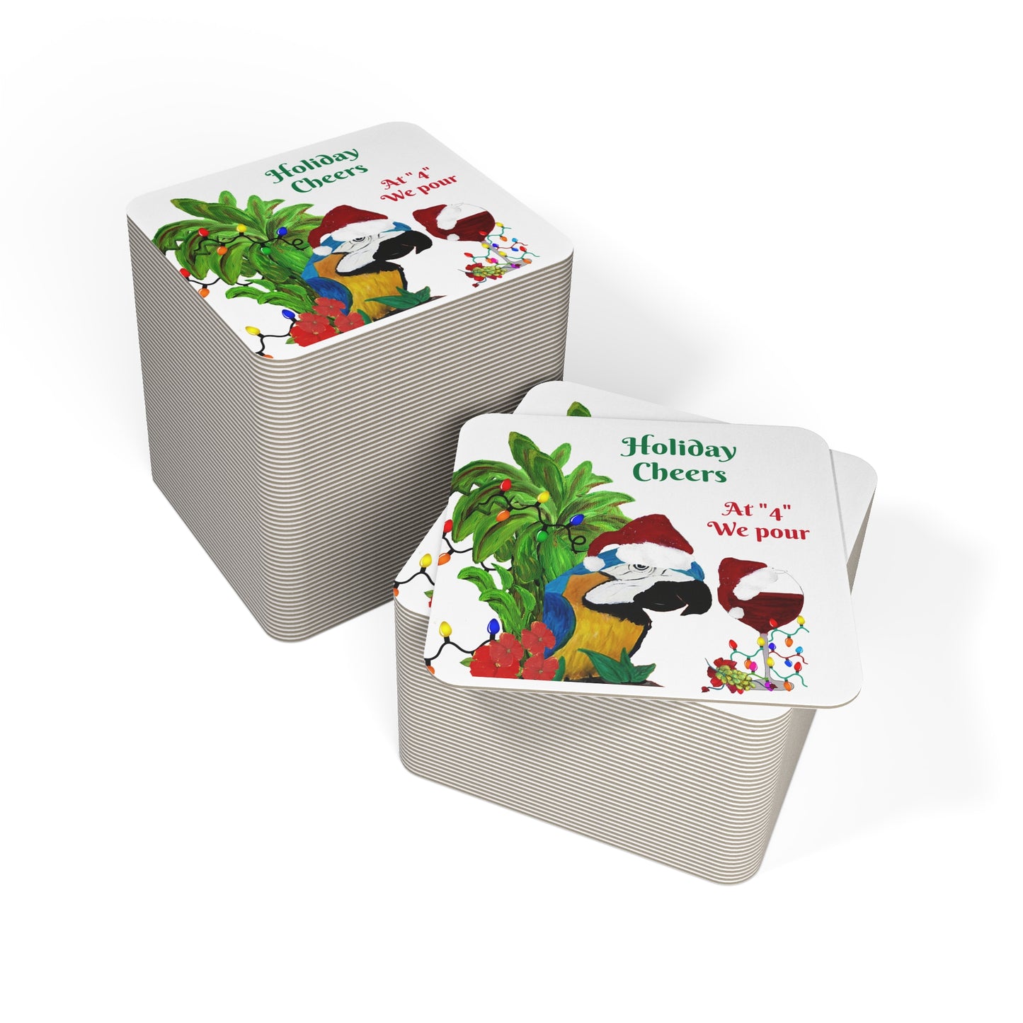 Holiday wine fextive Christmas Coasters Set Parrot Head wine Party Bar Hardboard (50 or 100 pcs) Size 4 x 4 inches.