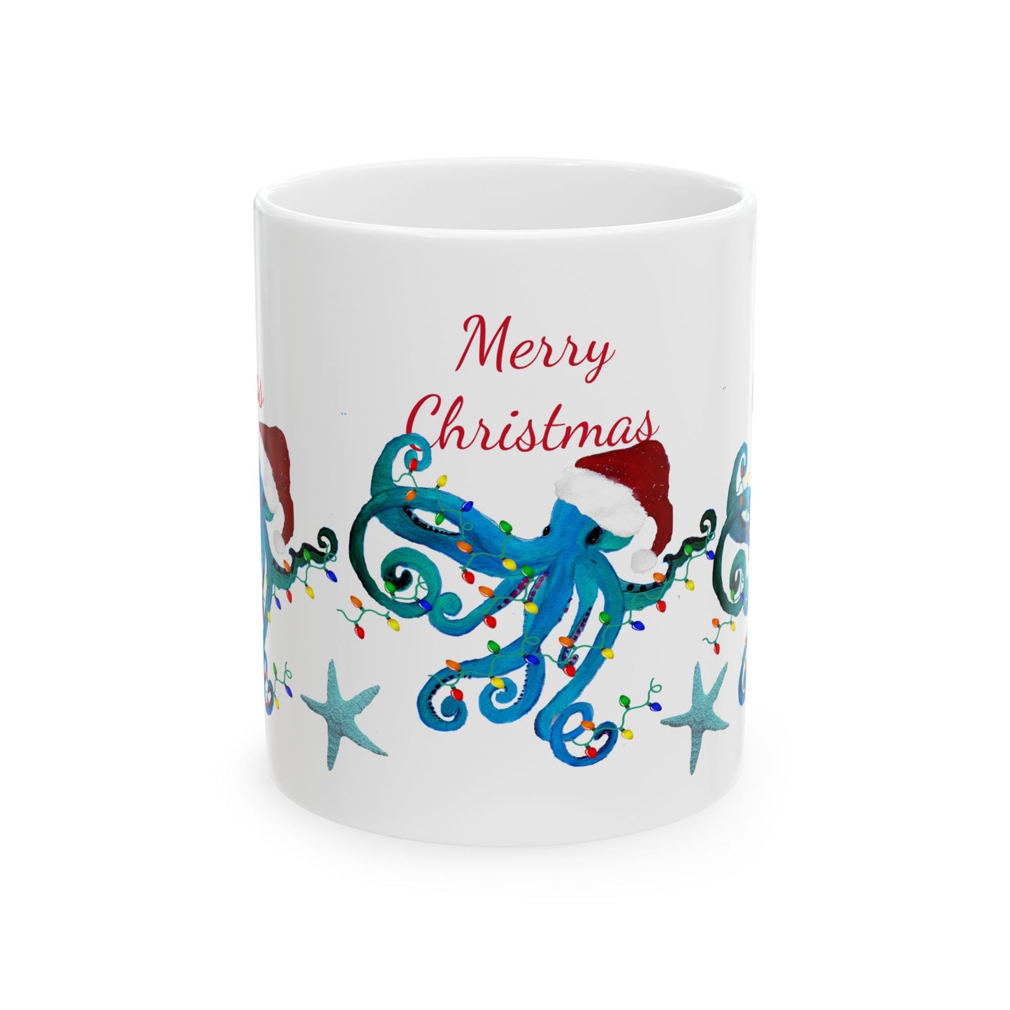 Christmas blue octopus Ceramic Mug (11oz, 15oz) - Coastal Holiday Coffee Cup - Great Christmas Gift