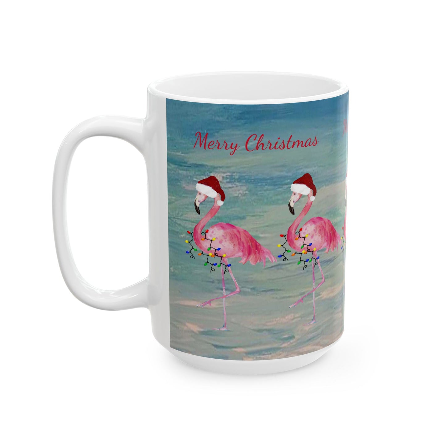 Flamingo Christmas on clearwater beach  Ceramic Mug (11oz, 15oz) - Coastal Holiday Coffee Cup - Great Christmas Gift