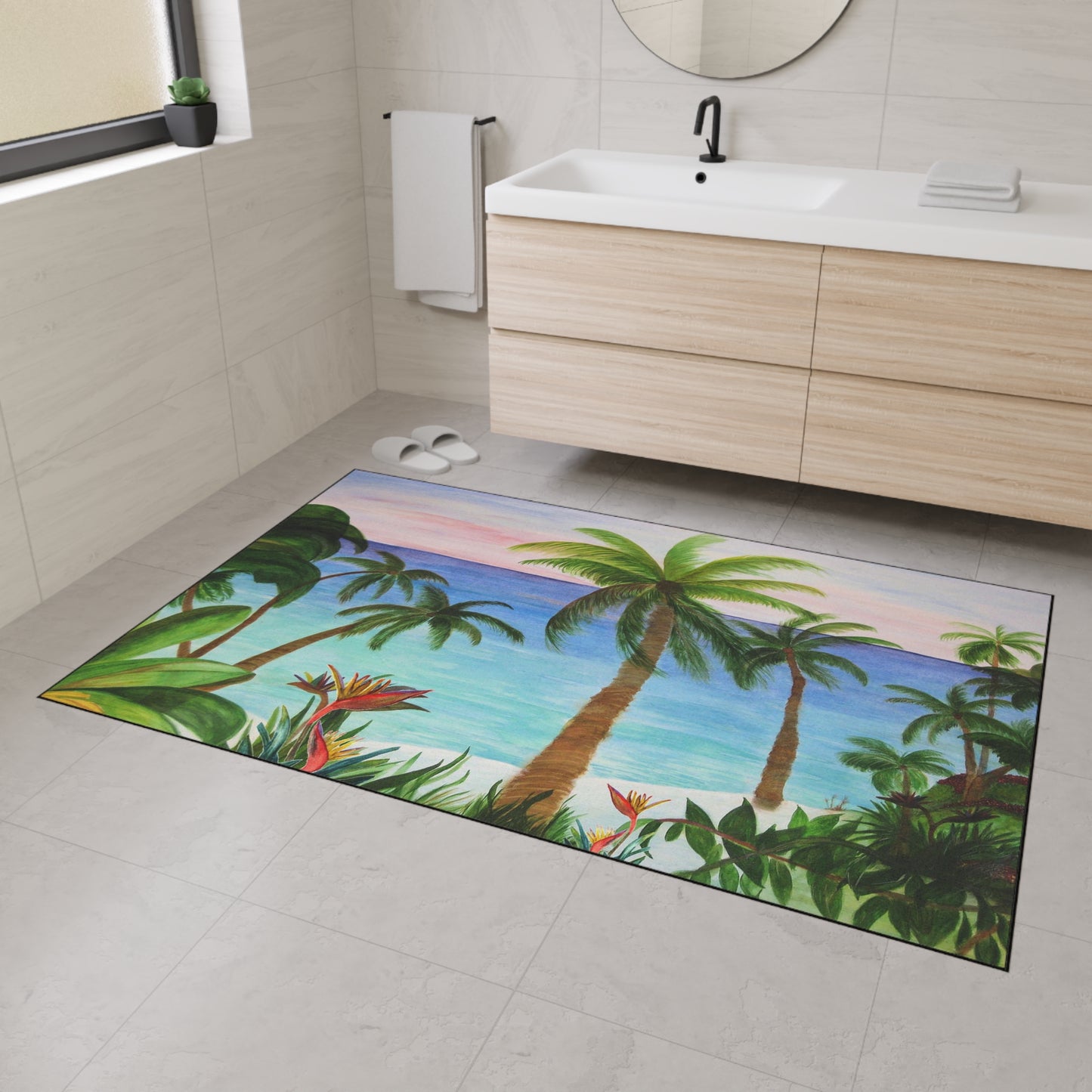 Aqua beach palm trees tropical theme coastal door floormat for indoor or outdoor with Non-Skid Backing, 5 Sizes Available