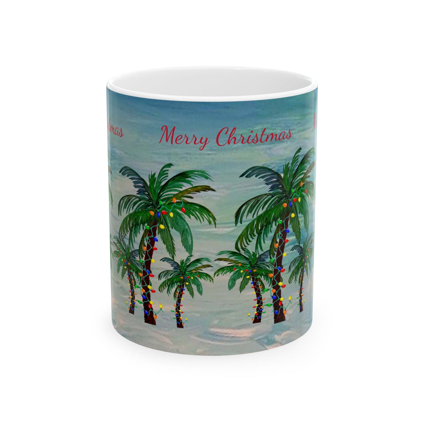 Christmas Palm Trees Ceramic Mug (11oz, 15oz) - Coastal Holiday Coffee Cup - Great Christmas Gift