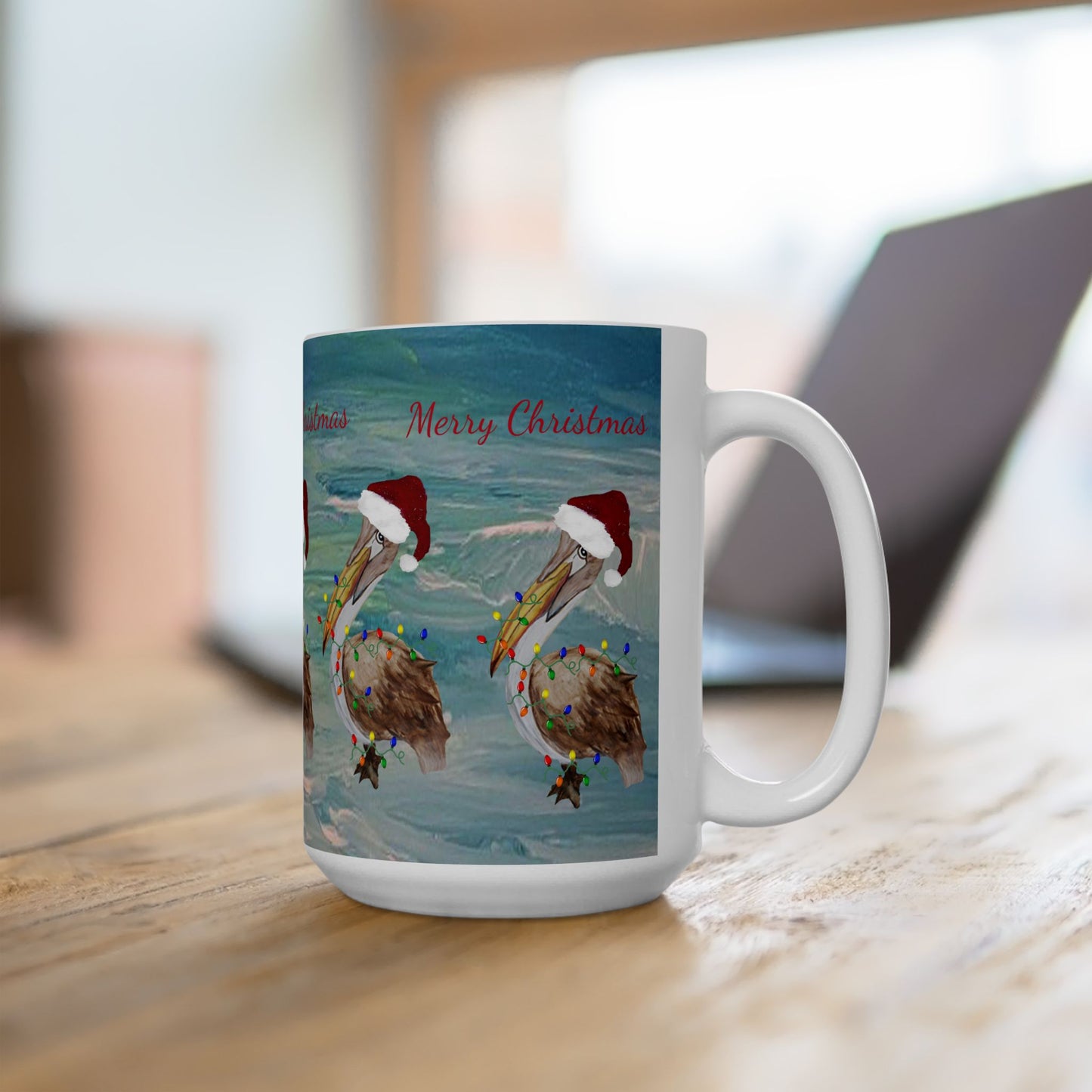 Pelicans Christmas on clearwater beach  Ceramic Mug (11oz, 15oz) - Coastal Holiday Coffee Cup - Great Christmas Gift