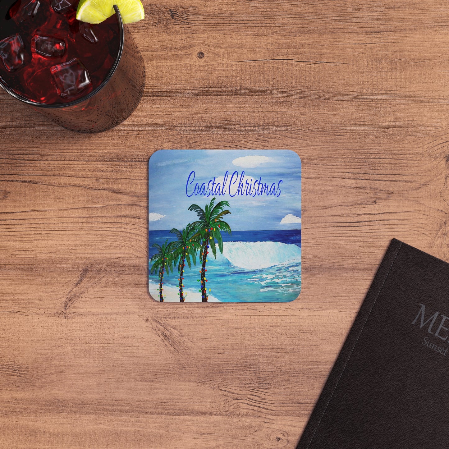 Coastal Christmas tropical Holiday party Coasters Set Hardboard (50 or 100 pcs) Size 4 x 4 inches.