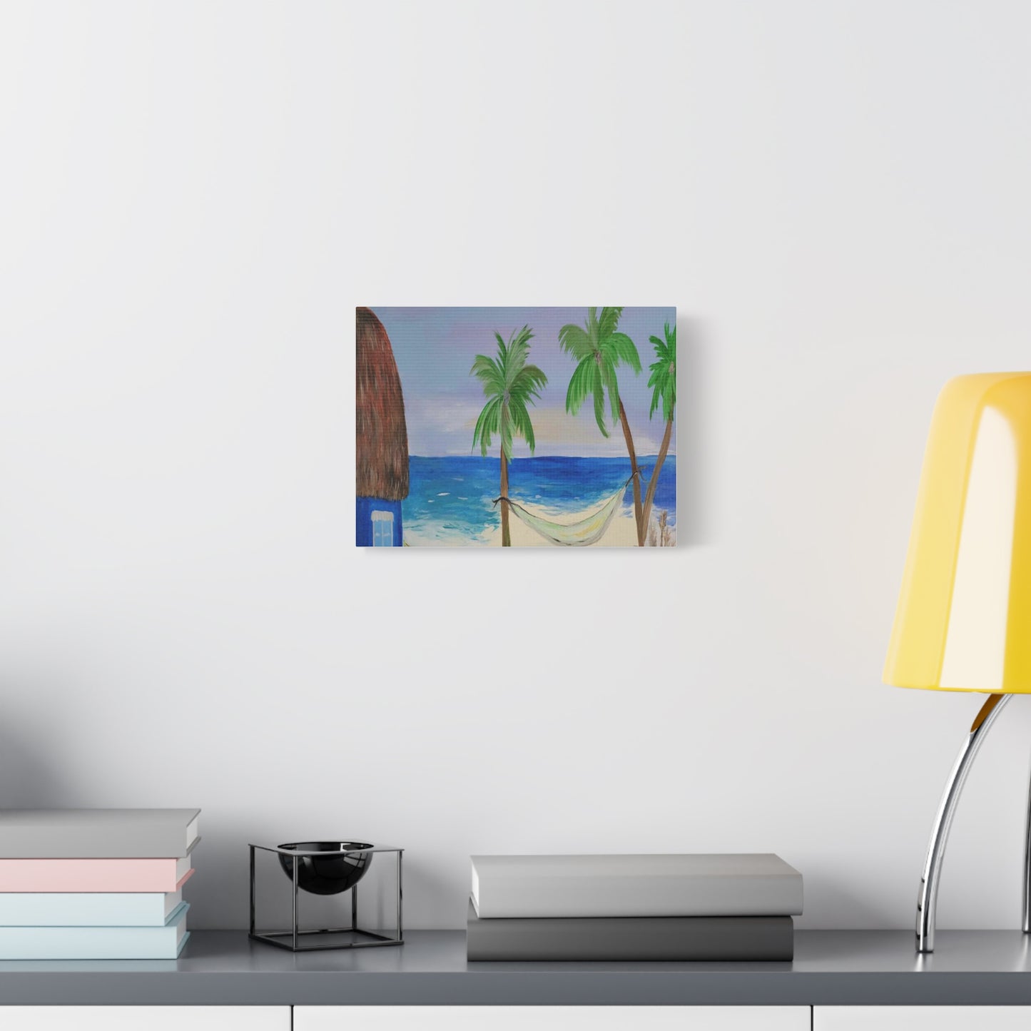 Tropical Beach Canvas Wall art of tiki hut and hammock on the beach.