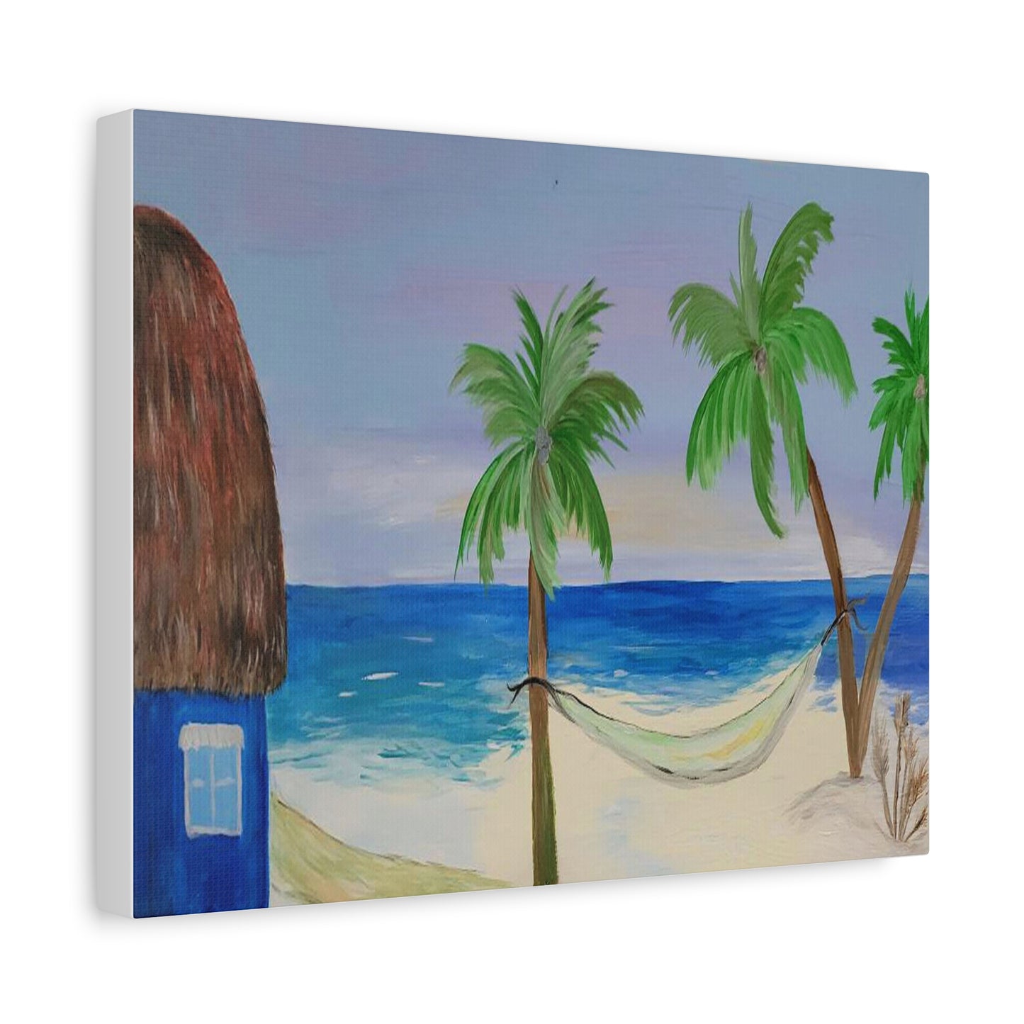 Tropical Beach Canvas Wall art of tiki hut and hammock on the beach.