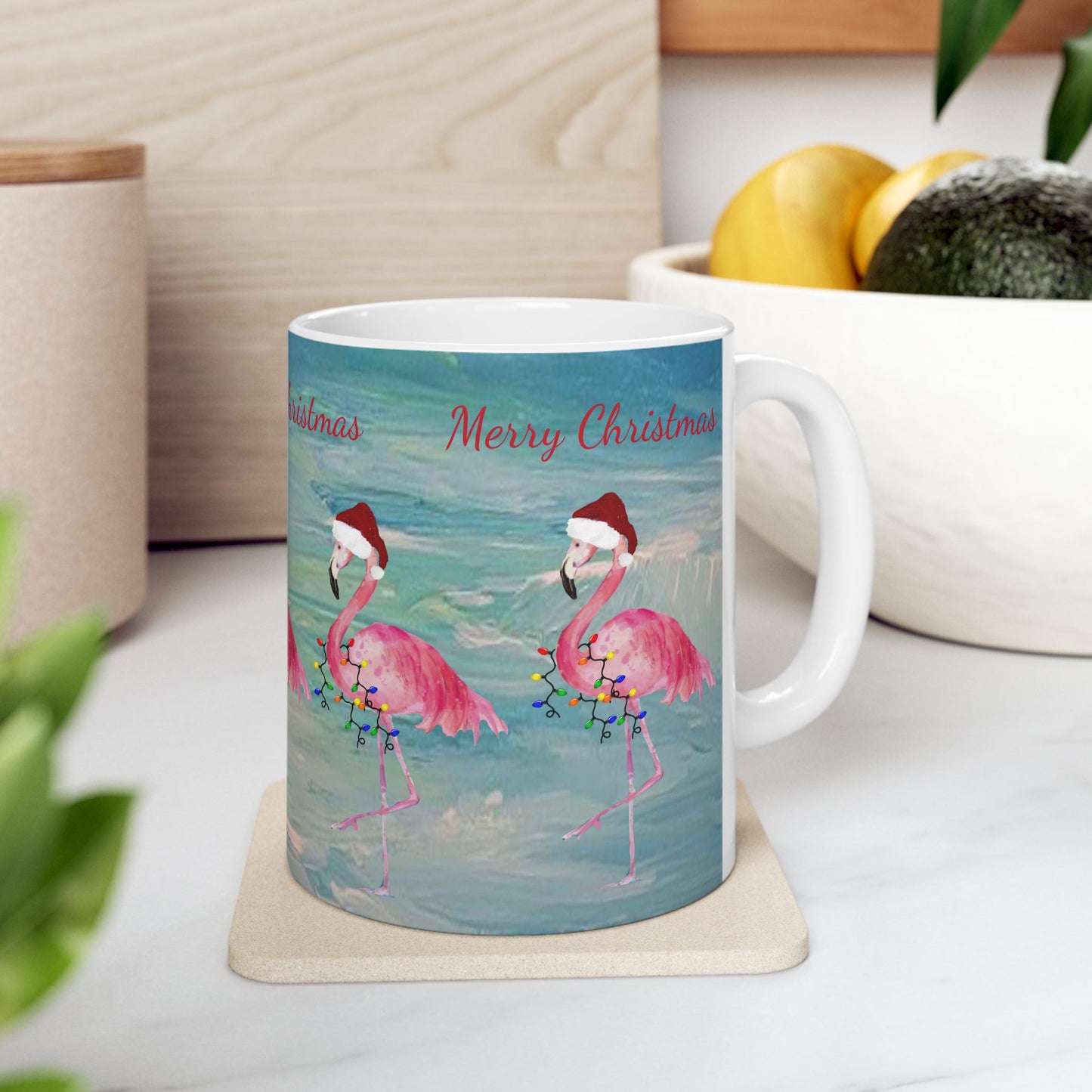 Flamingo Christmas on clearwater beach  Ceramic Mug (11oz, 15oz) - Coastal Holiday Coffee Cup - Great Christmas Gift