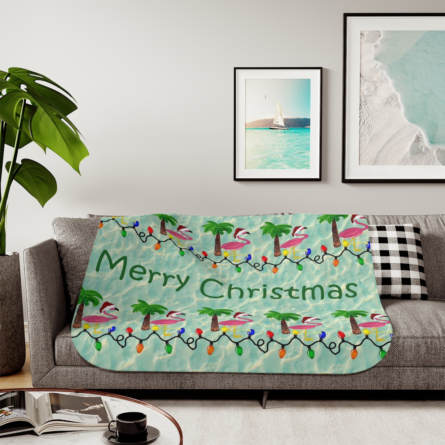 Flamingos with Santa hats Christmas Sherpa Blanket, Two Colors on reverse of grey or beige.