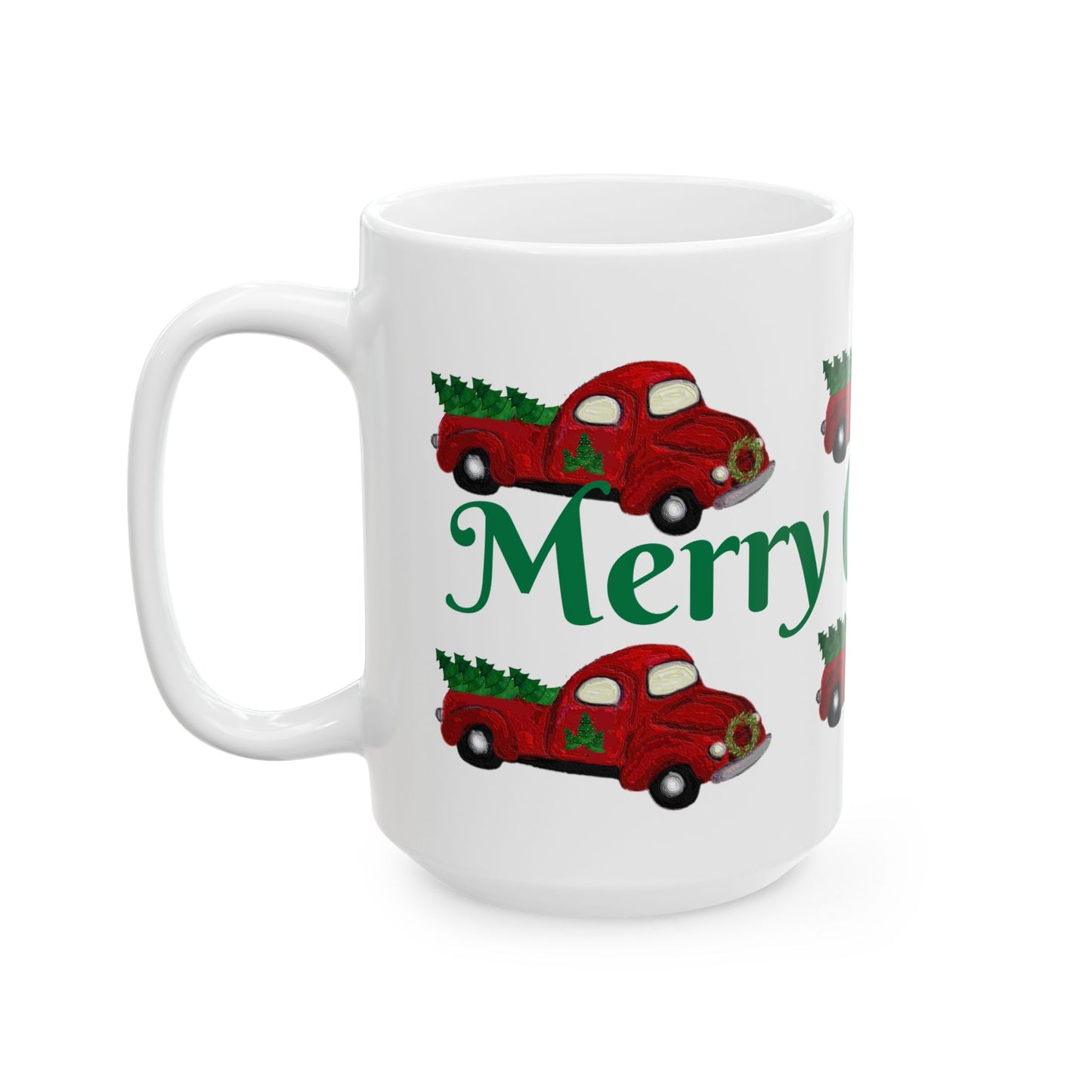 Red country pick up truck  Christmas Ceramic Mug (11oz, 15oz) - Coastal Holiday Coffee Cup - Great Christmas Gift