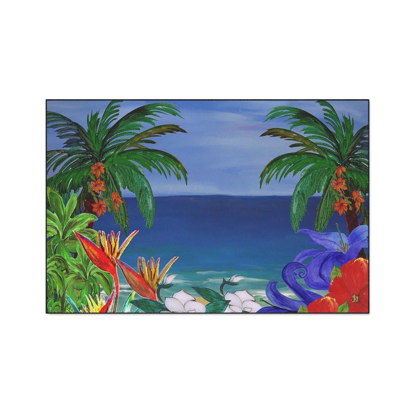 Floor Mat - Tropical Beach with Palm Trees and Flowers Coastal Door Floormat, Non-Skid Backing, 5 Sizes Available