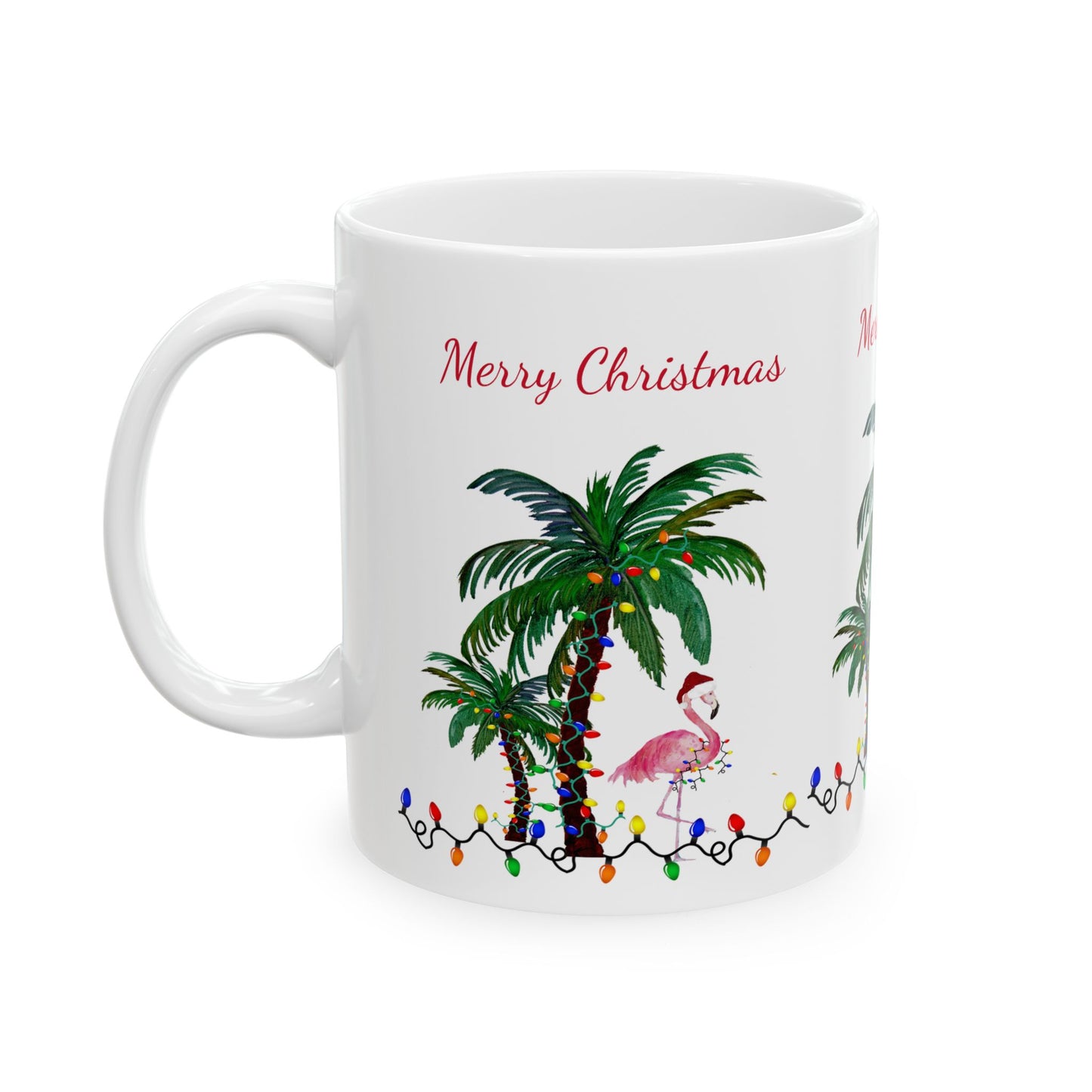 Christmas flamingo and Palm Trees Ceramic Mug (11oz, 15oz) - Coastal Holiday Coffee Cup - Great Christmas Gift