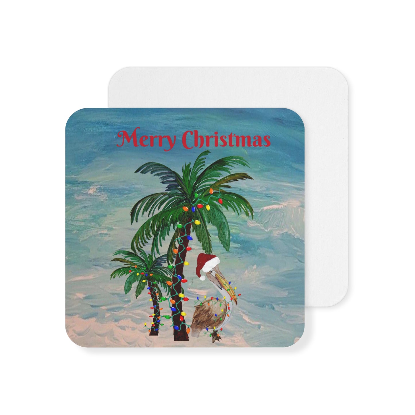 Pelican and palm trees Christmas tropical Holiday party Coasters Set Hardboard (50 or 100 pcs) Size 4 x 4 inches.