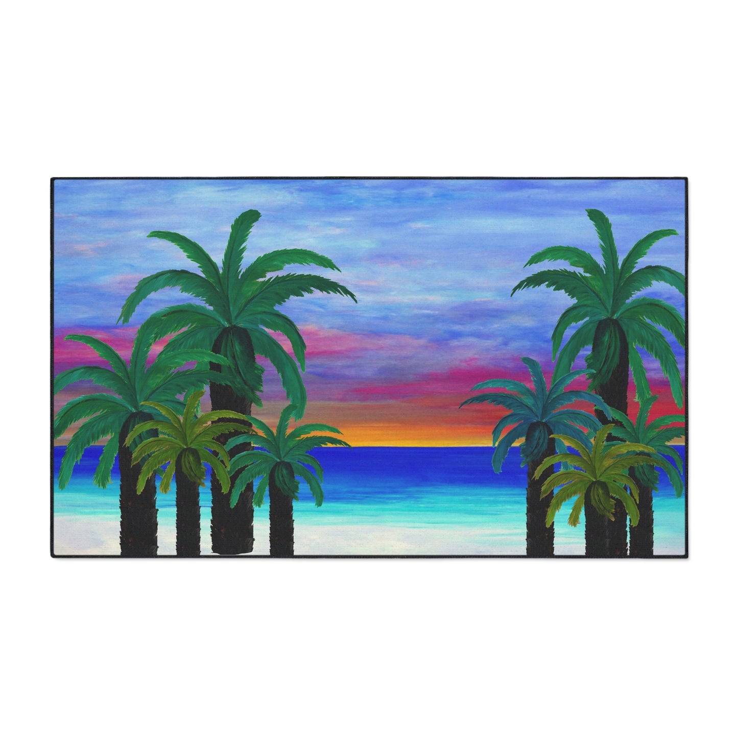 Sunset palm trees beach tropical home theme coastal door floormat for indoor or outdoor with Non-Skid Backing, 5 Sizes Available