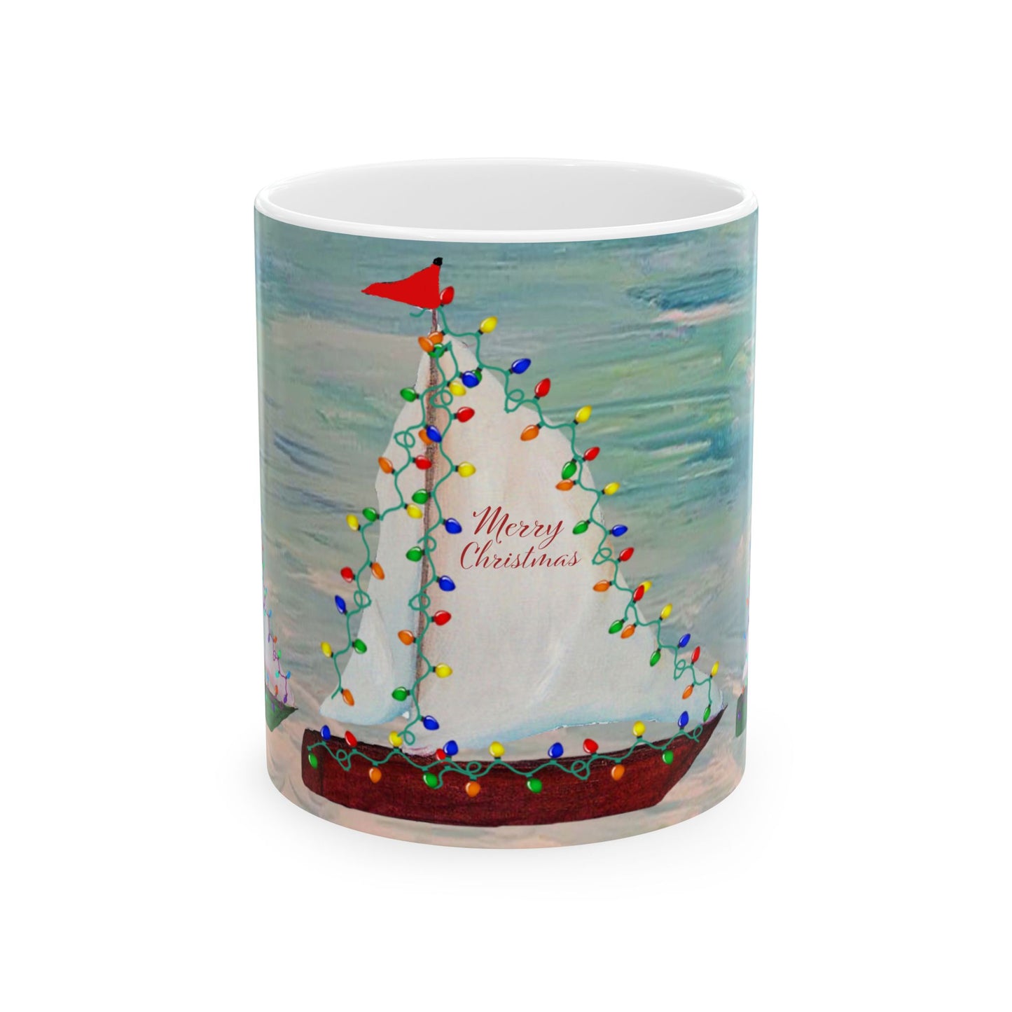 Nautical Christmas red and green sailboats Ceramic Mug (11oz, 15oz) - Coastal Holiday Coffee Cup - Great Christmas Gift