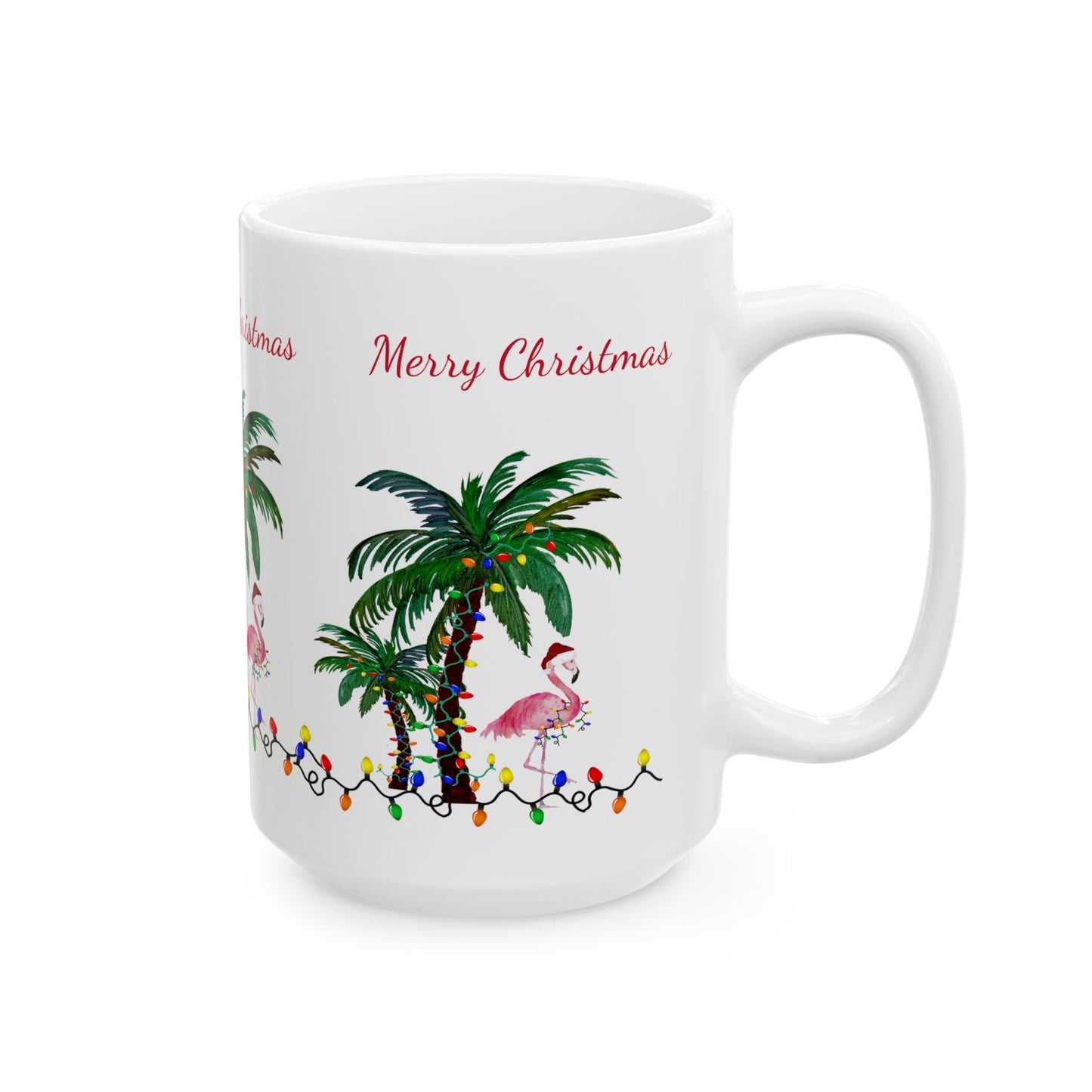 Christmas flamingo and Palm Trees Ceramic Mug (11oz, 15oz) - Coastal Holiday Coffee Cup - Great Christmas Gift