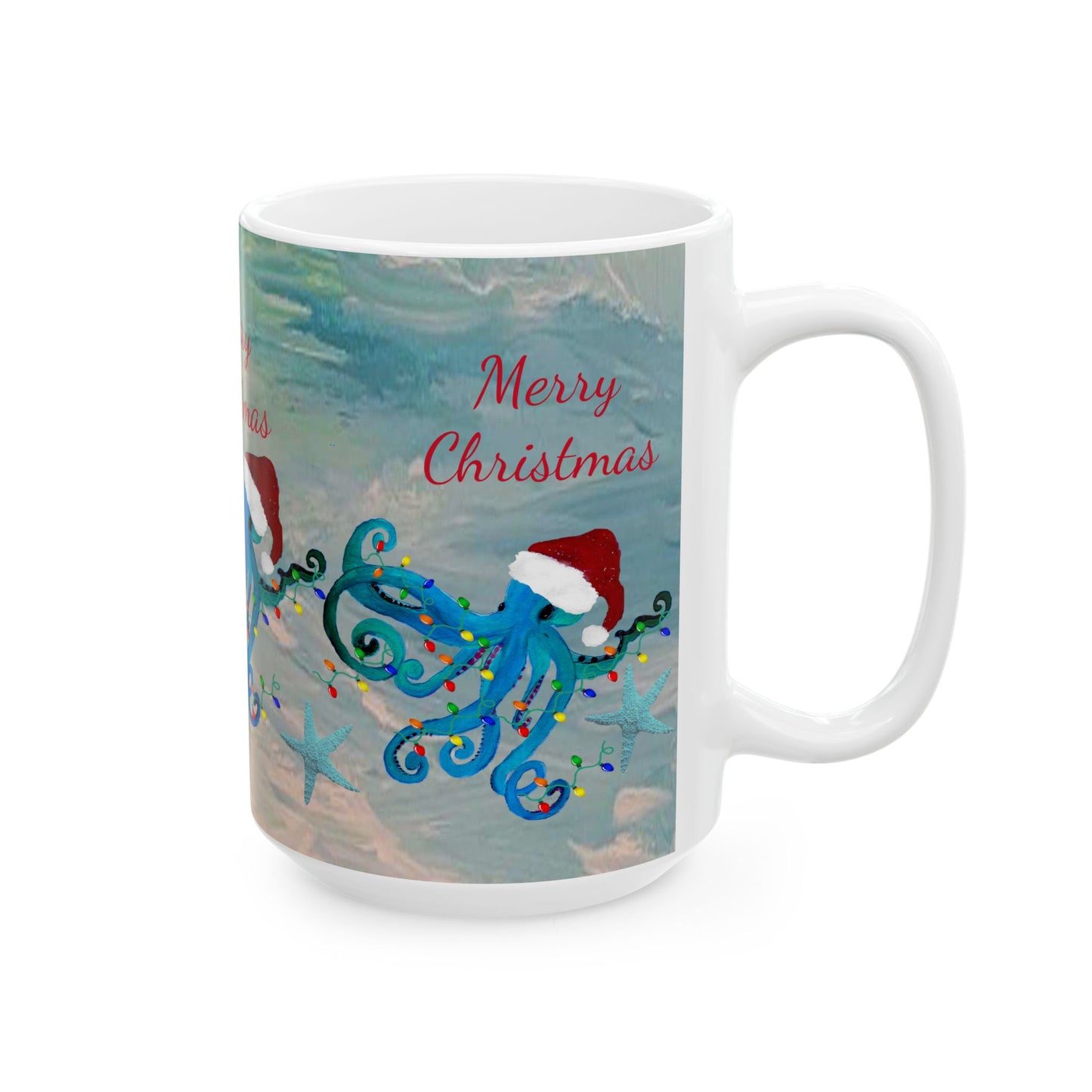 Christmas blue octopus in clearwater beach Ceramic Mug (11oz, 15oz) - Coastal Holiday Coffee Cup - Great Christmas Gift