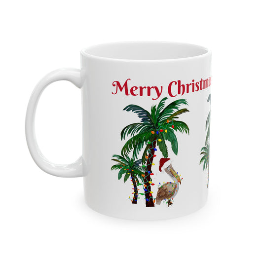 Pelican tropical Christmas with decorated palm trees Ceramic Mug (11oz, 15oz) - Coastal Holiday Coffee Cup - Great Christmas Gift