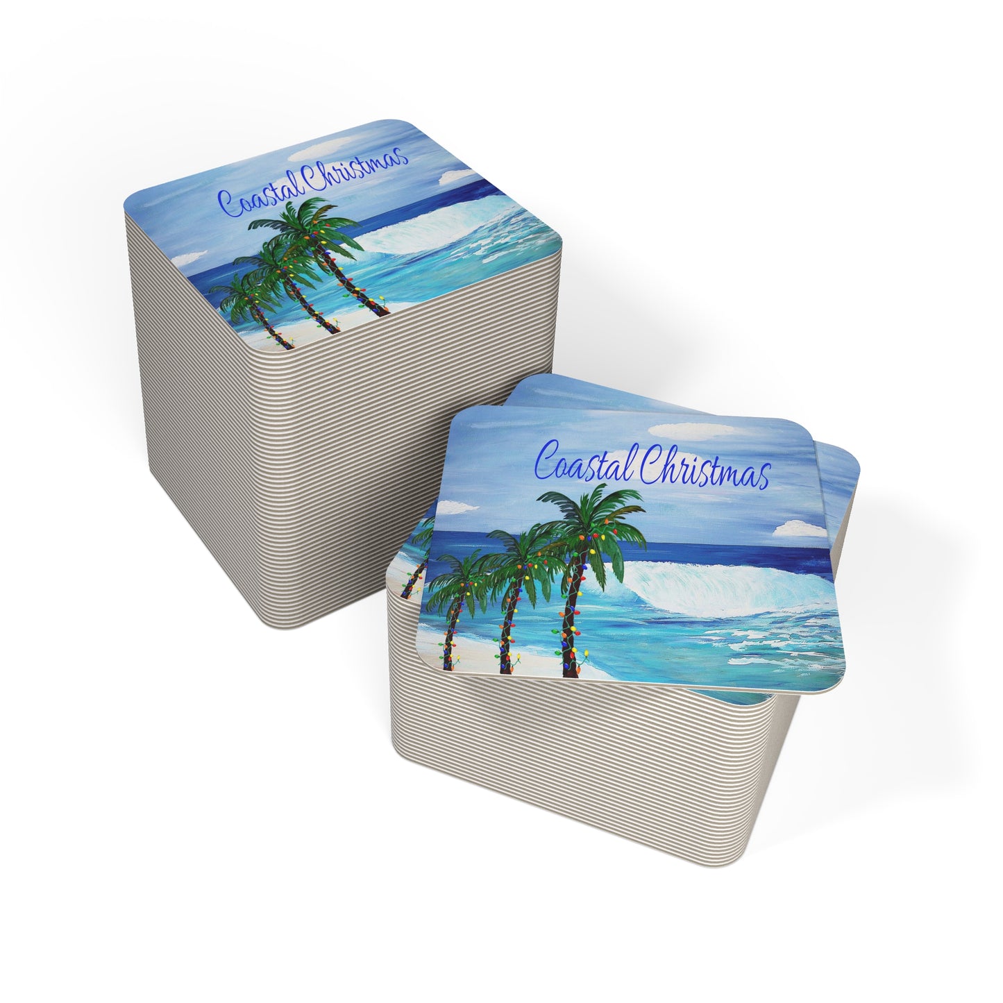 Coastal Christmas tropical Holiday party Coasters Set Hardboard (50 or 100 pcs) Size 4 x 4 inches.