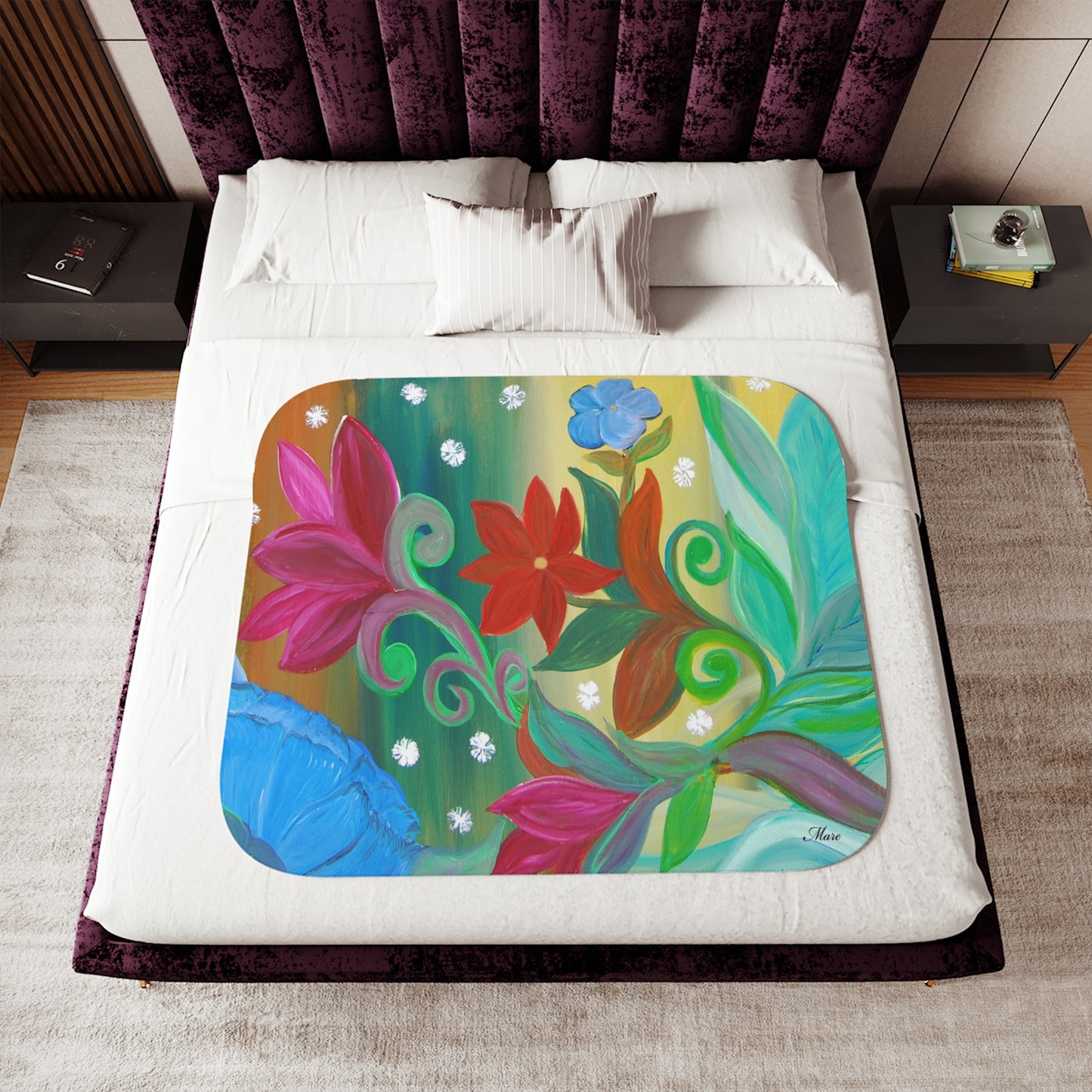 Bold floral intuitive art red, blue, greens Sherpa Blanket, Colorful flowers garden Design, Two Colors to choose from on reverse side.