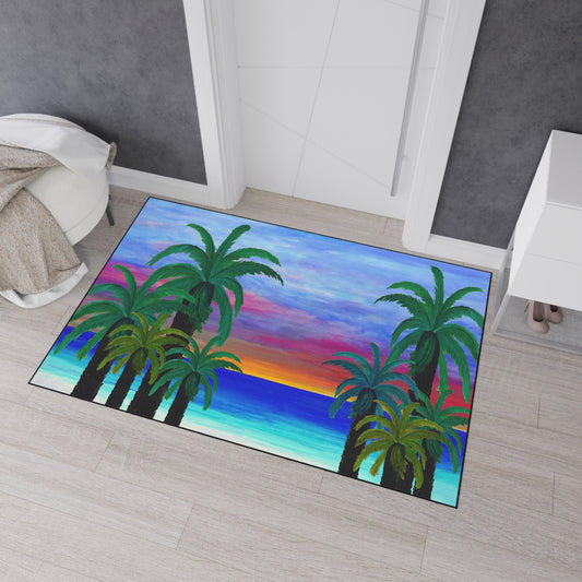 Sunset palm trees beach tropical home theme coastal door floormat for indoor or outdoor with Non-Skid Backing, 5 Sizes Available