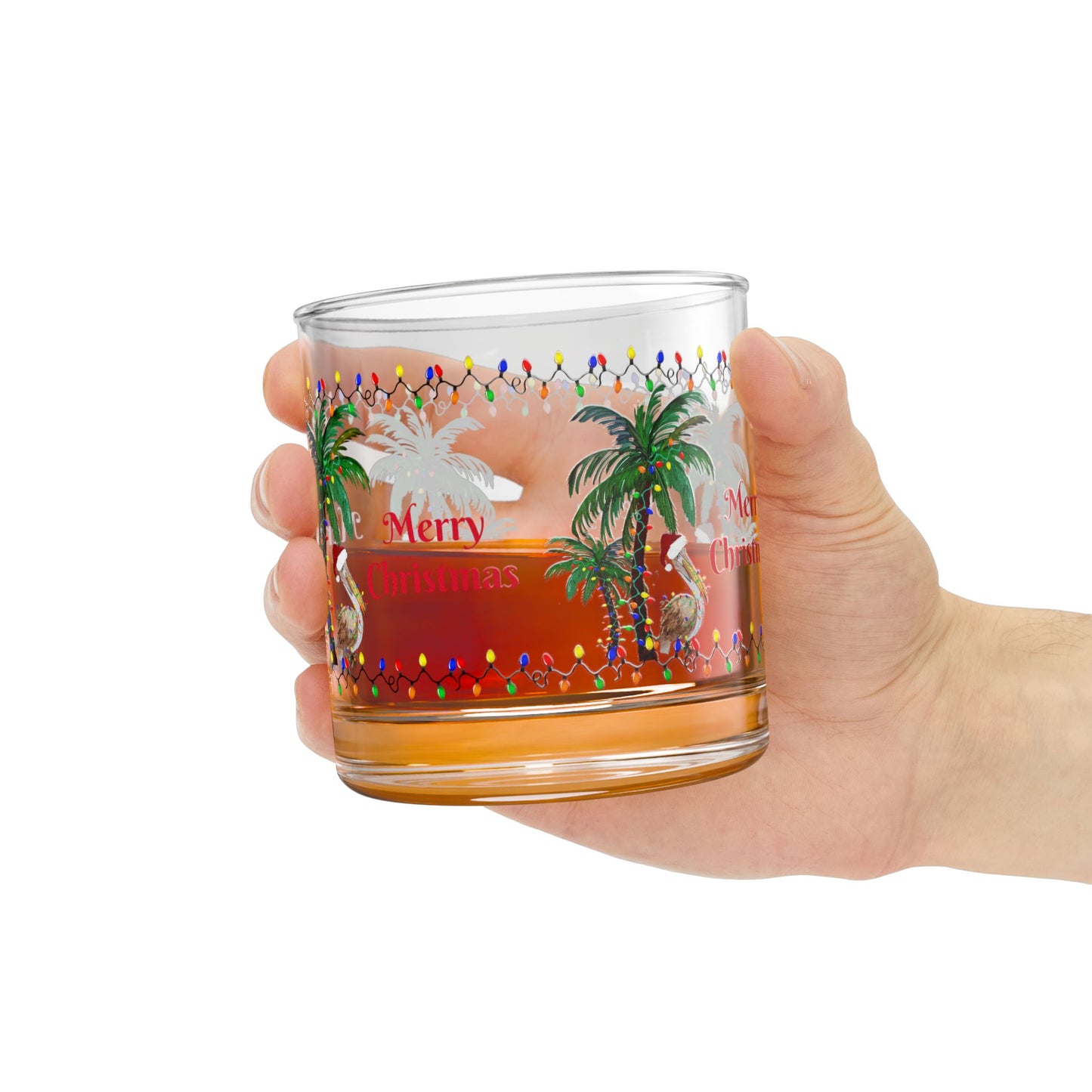 Pelican Christmas and palm trees tropical Holiday party Rocks Glass, 10oz