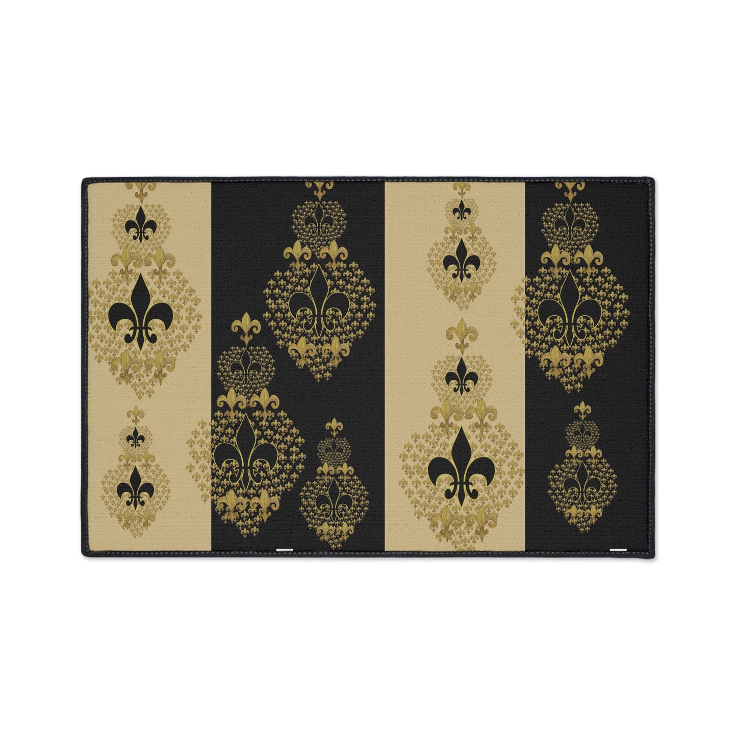 Fleur De Lis fancy gold and black indoor outdoor floormat with Non-Skid Backing, 5 Sizes Available