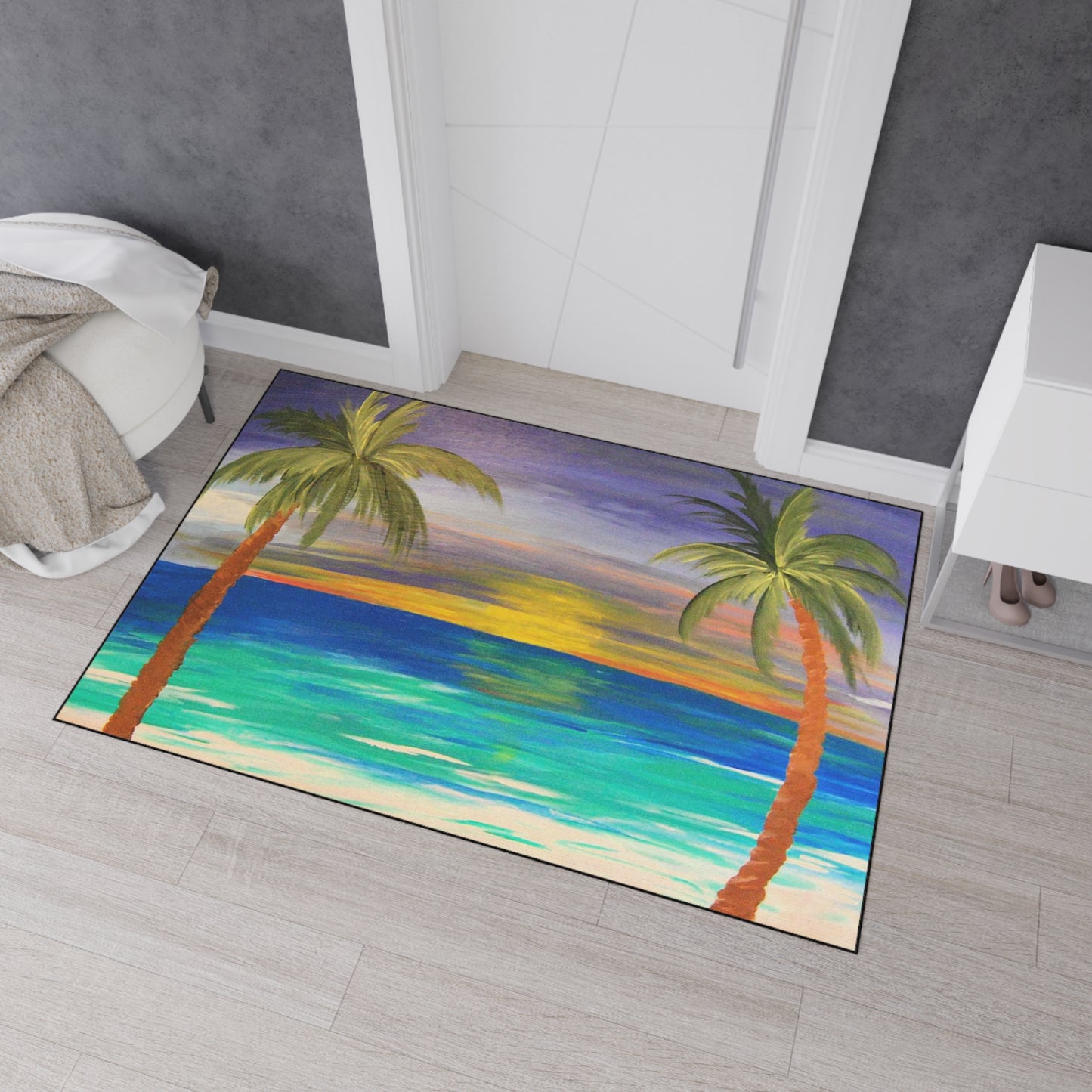 Sunset palm beach tropical home theme coastal door floormat for indoor or outdoor with Non-Skid Backing, 5 Sizes Available