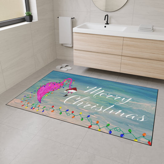 Merry Christmas Flamingo Floor Mat – Heavy Duty Holiday Design