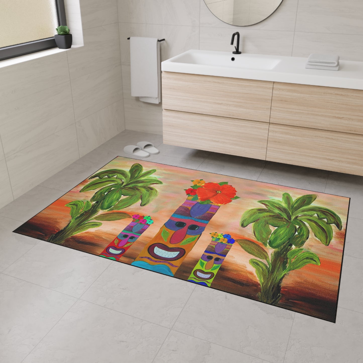 Tiki man tropical theme coastal door floormat for indoor or outdoor with Non-Skid Backing, 5 Sizes Available