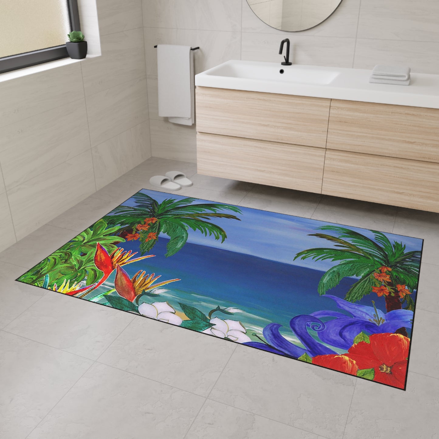 Floor Mat - Tropical Beach with Palm Trees and Flowers Coastal Door Floormat, Non-Skid Backing, 5 Sizes Available