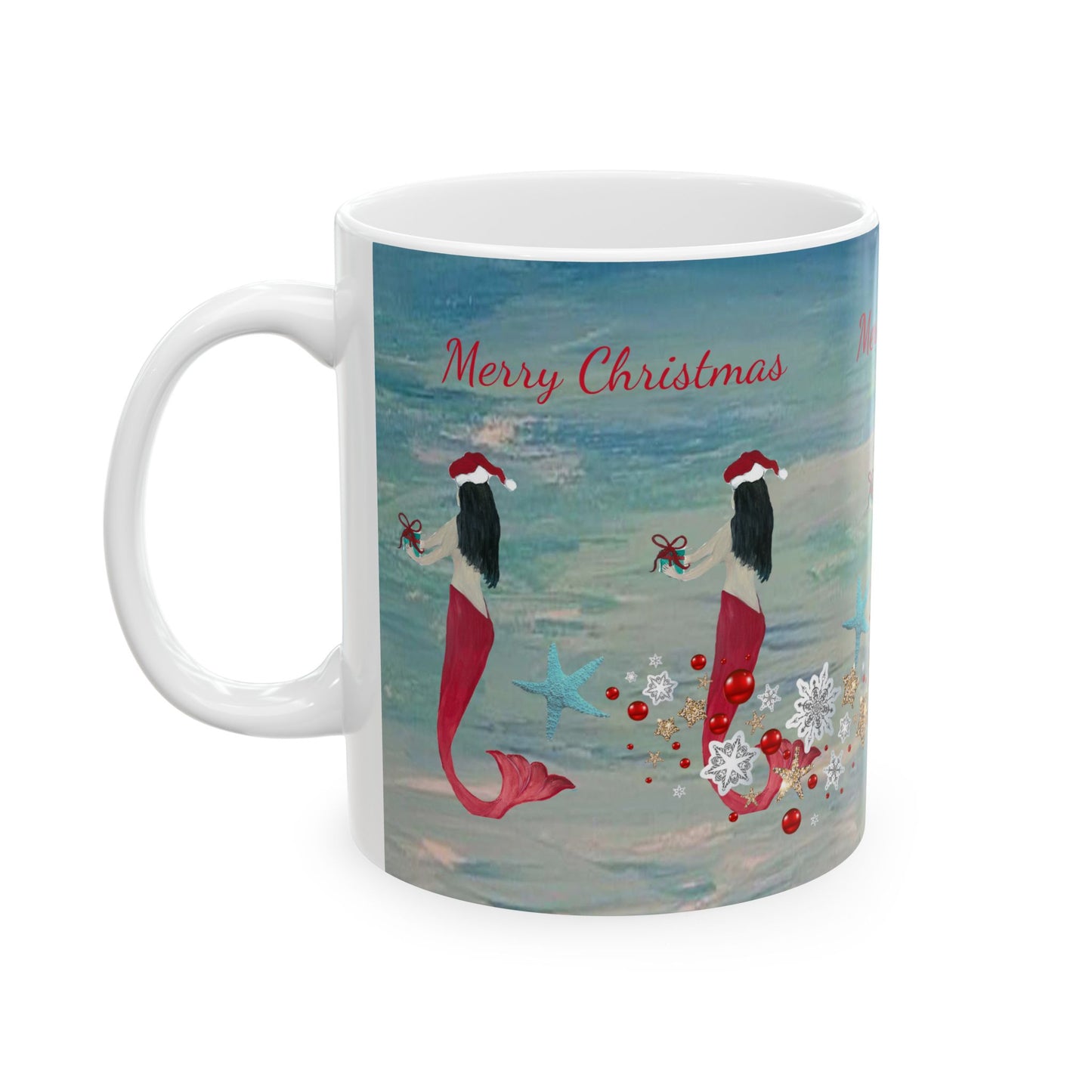 Mermaid and starfish Christmas on clearwater beach  Ceramic Mug (11oz, 15oz) - Coastal Holiday Coffee Cup - Great Christmas Gift