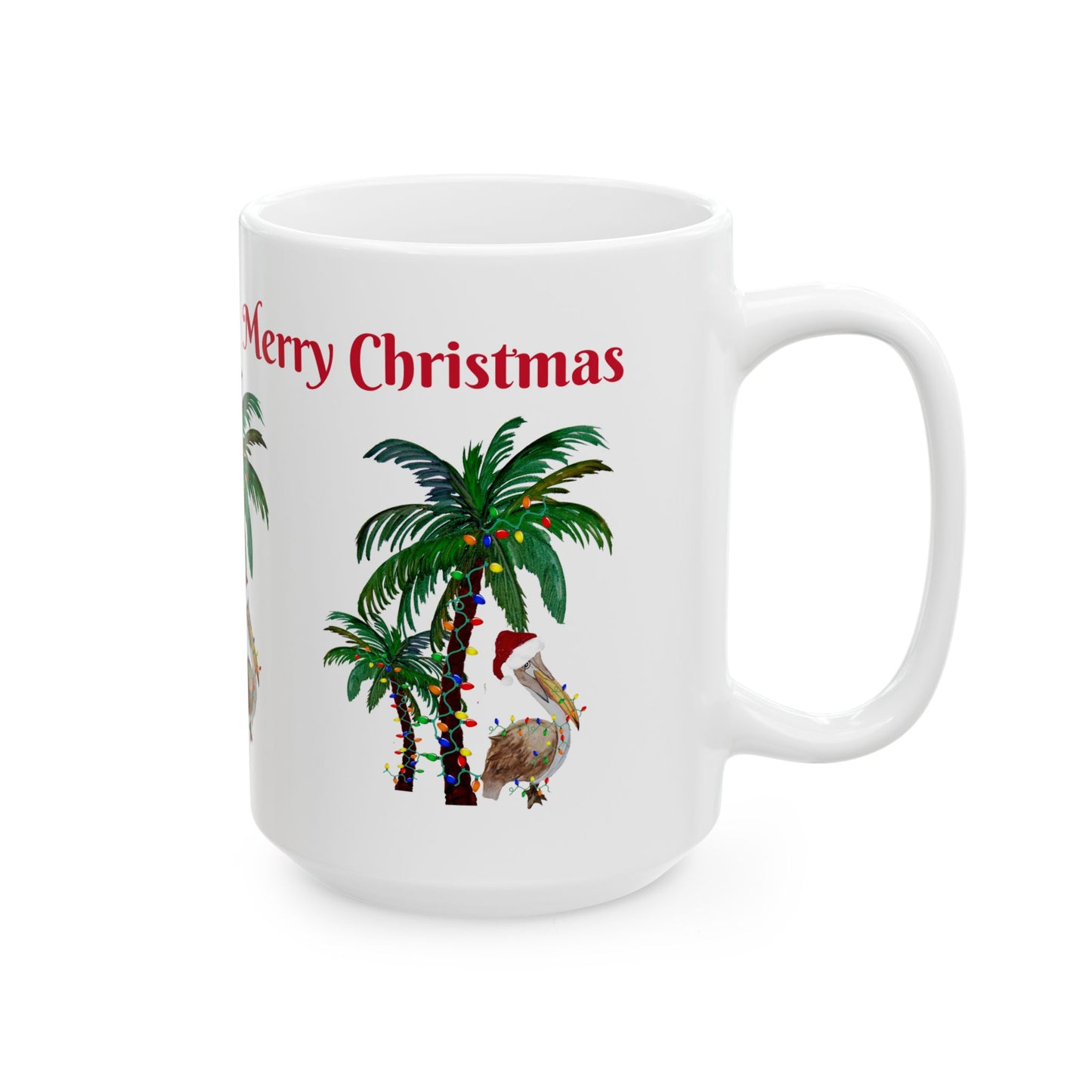 Pelican tropical Christmas with decorated palm trees Ceramic Mug (11oz, 15oz) - Coastal Holiday Coffee Cup - Great Christmas Gift