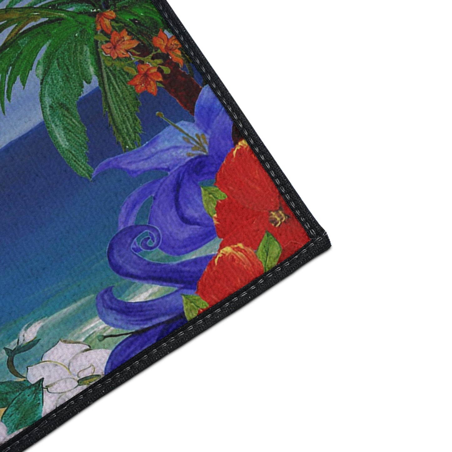 Floor Mat - Tropical Beach with Palm Trees and Flowers Coastal Door Floormat, Non-Skid Backing, 5 Sizes Available