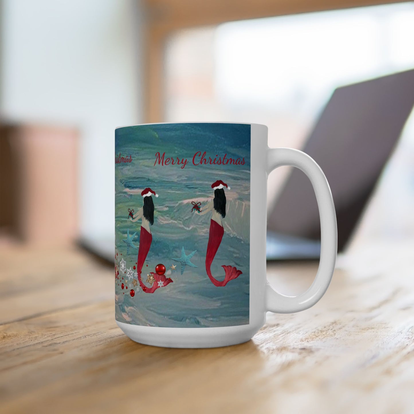 Mermaid and starfish Christmas on clearwater beach  Ceramic Mug (11oz, 15oz) - Coastal Holiday Coffee Cup - Great Christmas Gift