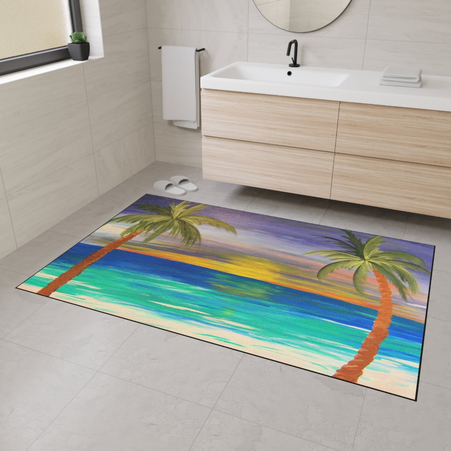 Sunset palm beach tropical home theme coastal door floormat for indoor or outdoor with Non-Skid Backing, 5 Sizes Available